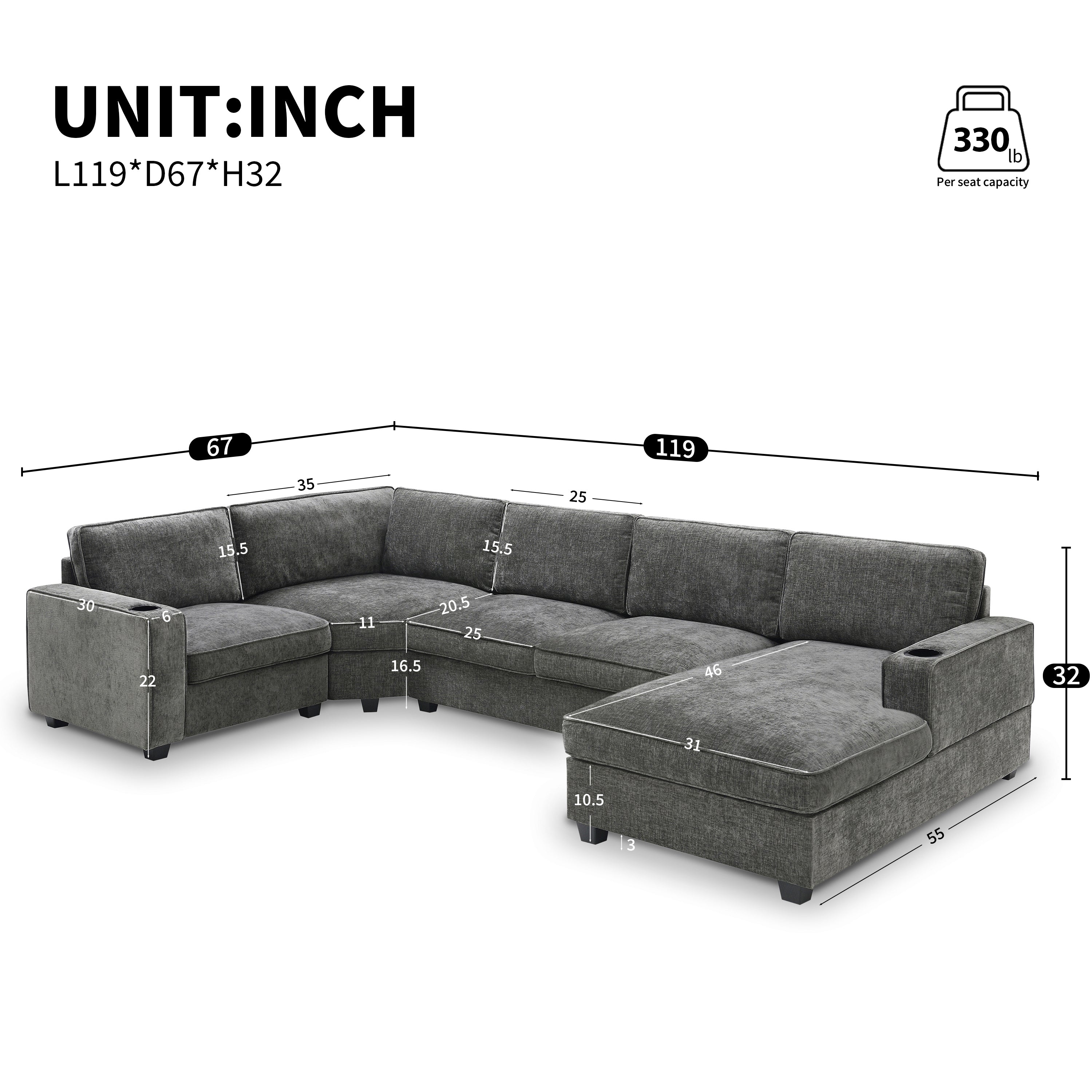 [VIDEO]119' U-Shaped Sectional Sofa, 6 Seat Chenille Corner Couch Set with Cup Holders, Oversized Chaise Lounge, Irregular Corner, Deep and Wide Seat, Comfy Sofa for Living Room&Apartment, 2 Colors - Grand Goldman Shop