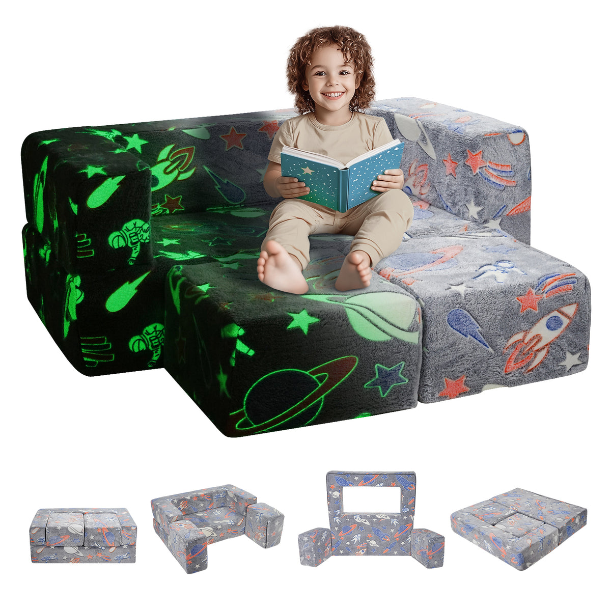 Kids Couch, 4Pcs Toddler Couch Sofa Bed, Kids Chair Seat Playroom Furniture, Child Sectional Sofa with Removable Cover for Ki