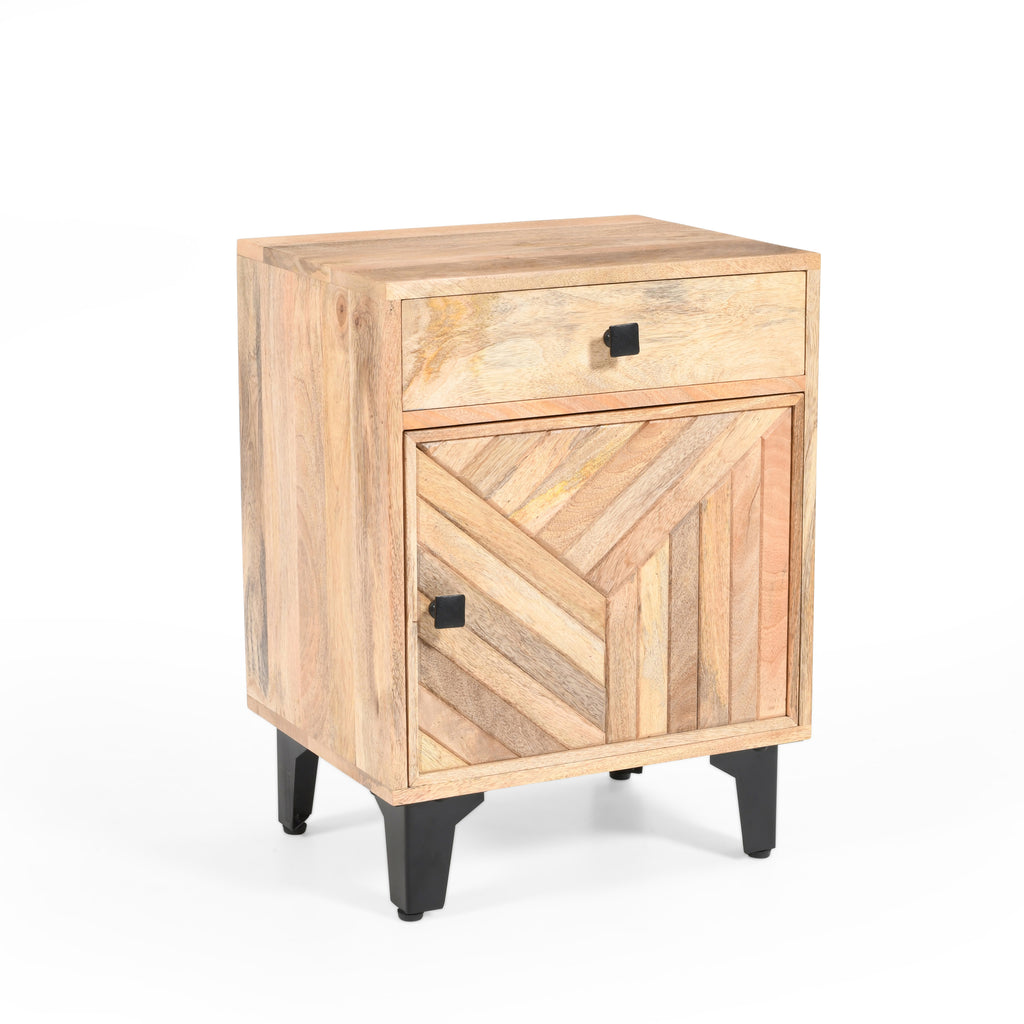 Solid Wood Vintage Nightstand with Handcrafted Detailing in Natural Finish - Grand Goldman Shop