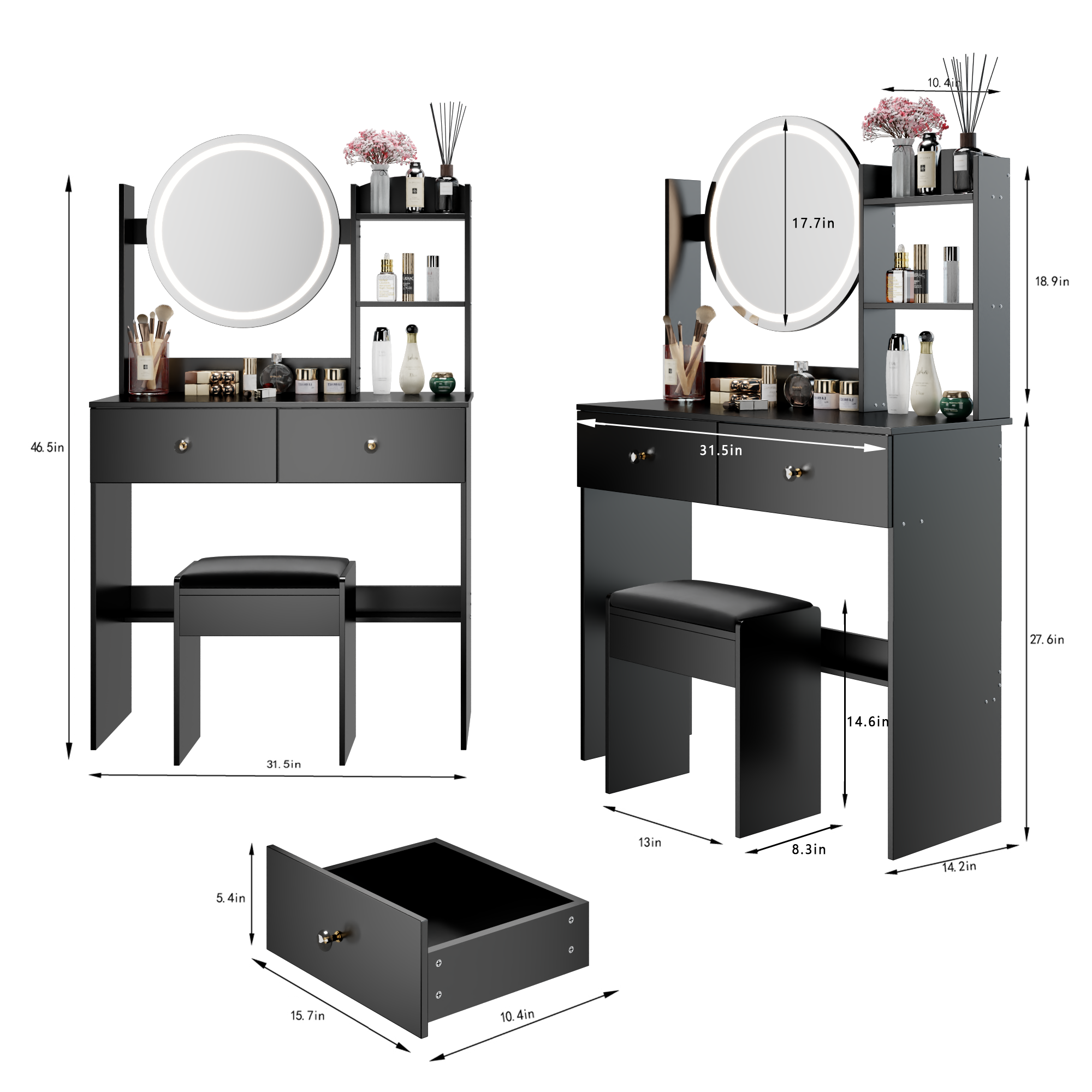 17' Round LED Mirror Vanity Table + Soft Cushion Stool Set, Large Mirror, Touch Switch, 3 colors, Adjustable Brightness, Large Desktop, Multi-layer High Capacity Storage, Suitable For Small Space - Grand Goldman Shop