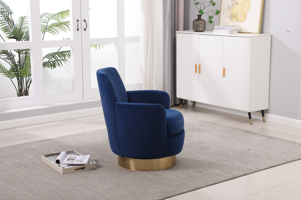 Velvet Swivel Barrel Chair, Swivel Accent Chairs Armchair for Living Room, Reading Chairs for Bedroom Comfy, Round Barrel Chairs with Gold Stainless Steel Base (Navy) - Grand Goldman Shop