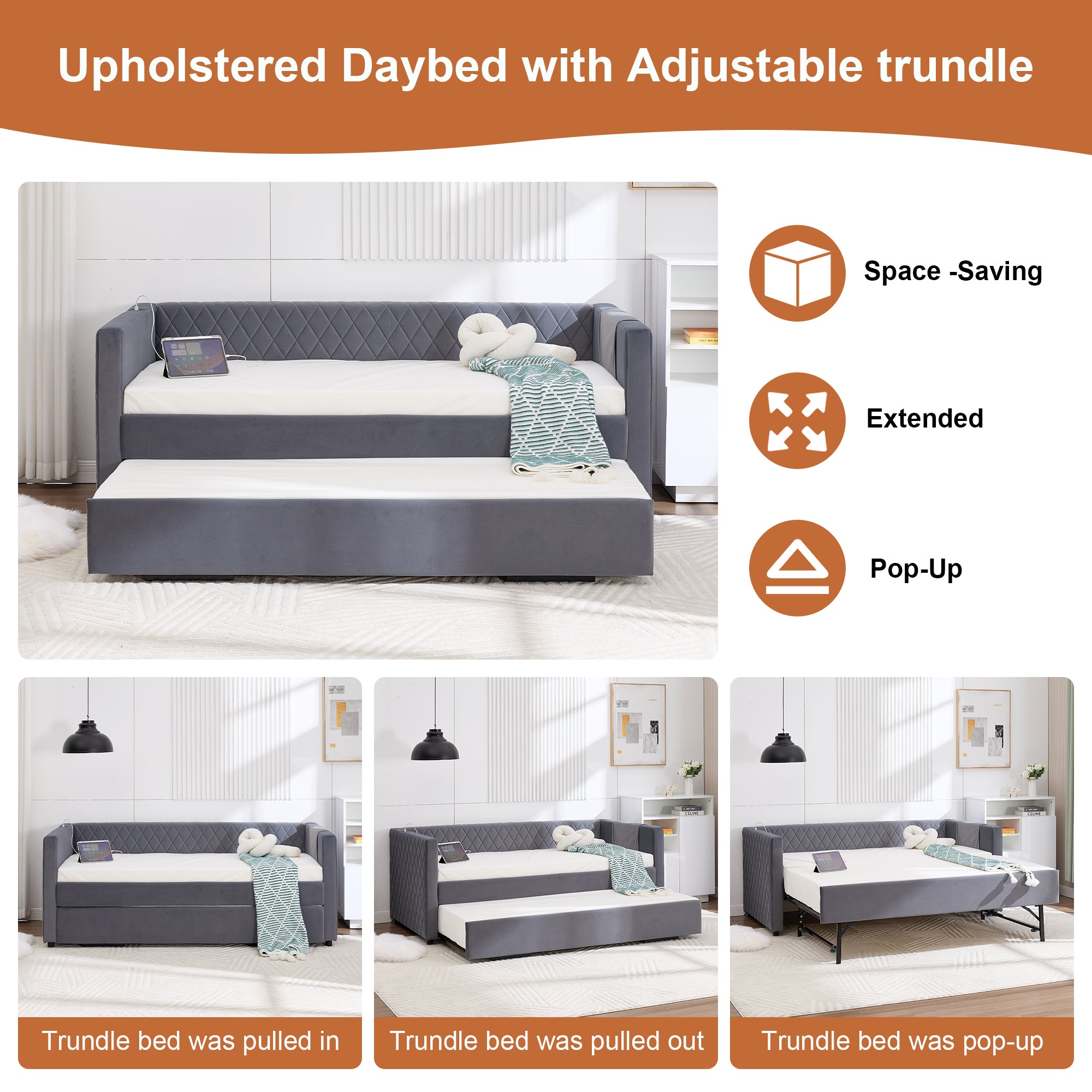Grey velvet daybed, sturdy wooden bed frame, modern diamond grid pull-out design, perfect for bedroom, living room furniture - Grand Goldman Shop