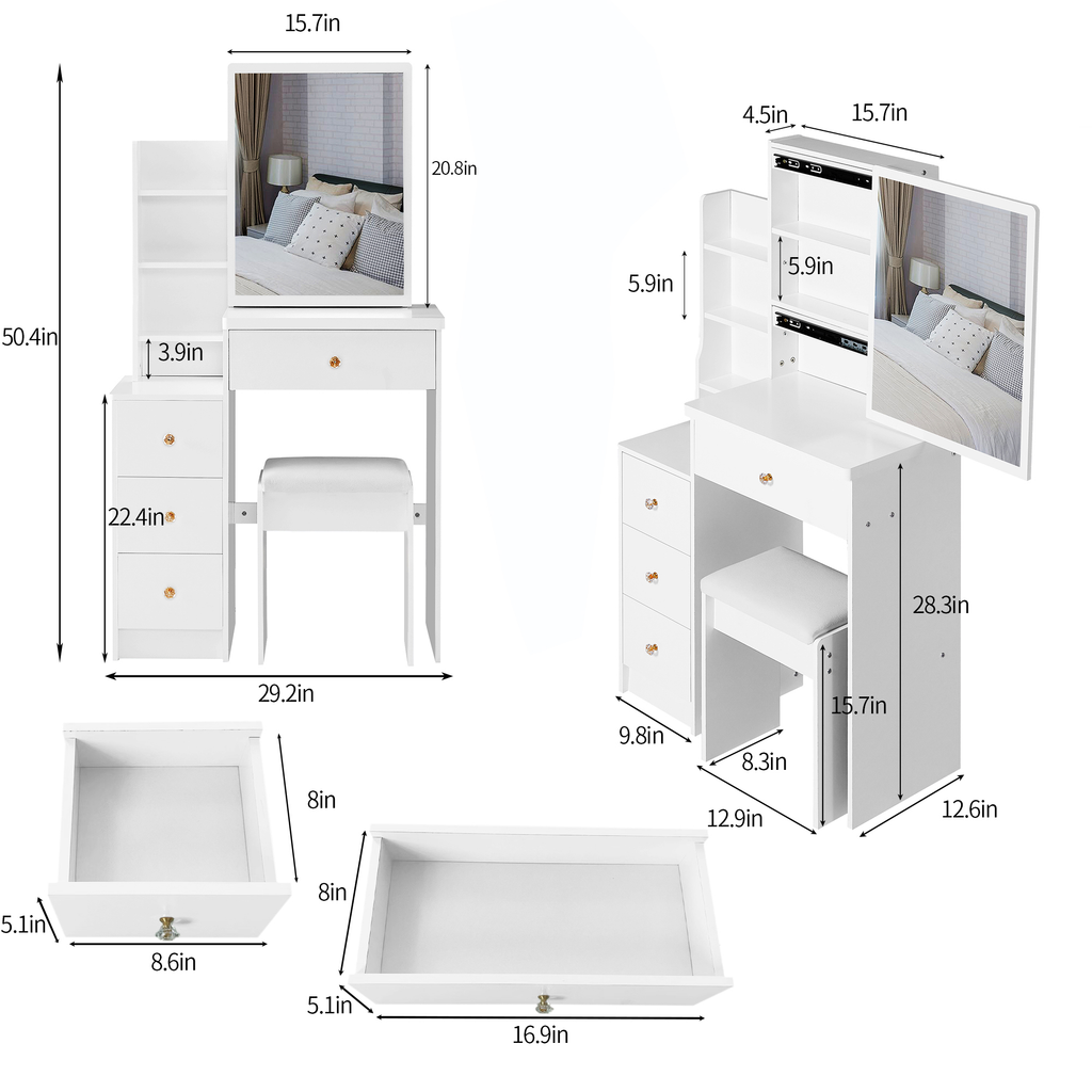 29.2' Small Space Left Bedside Cabinet Vanity Table + Cushioned Stool, Extra Large Right sliding mirror, Multi Layer High Capacity Storage, Practical Fashionable Dresser, EPA, GCC, UL Certificate - Grand Goldman Shop