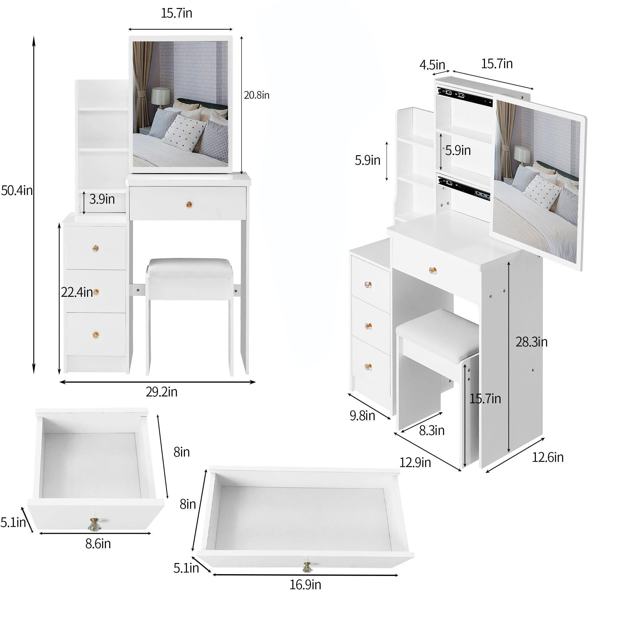 29.2' Small Space Left Bedside Cabinet Vanity Table + Cushioned Stool, Extra Large Right sliding mirror, Multi Layer High Capacity Storage, Practical Fashionable Dresser, EPA, GCC, UL Certificate - Grand Goldman Shop