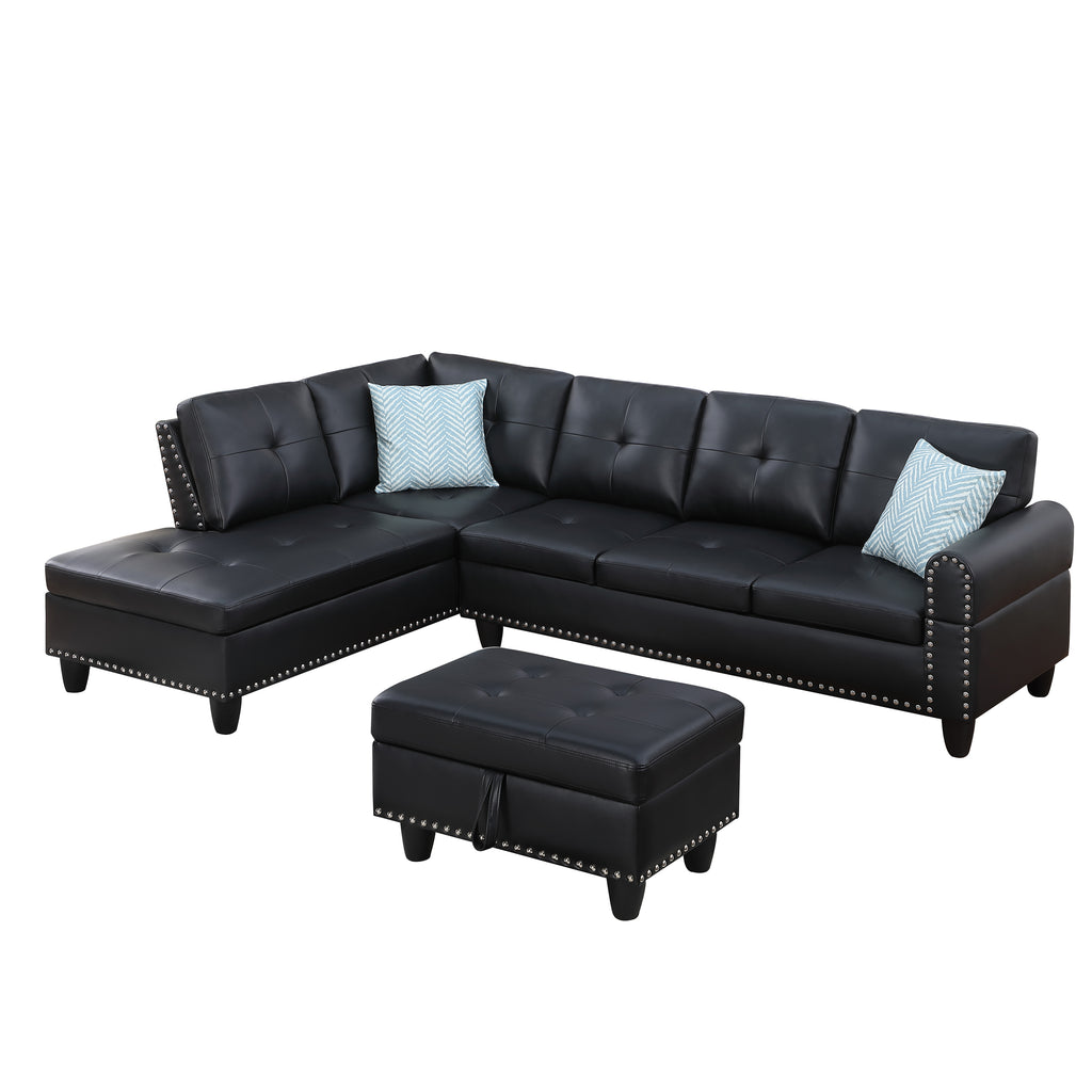 Irine Traditional Faux Leather Sectional Sofa with Ottoman and Storage in Black - Grand Goldman Shop
