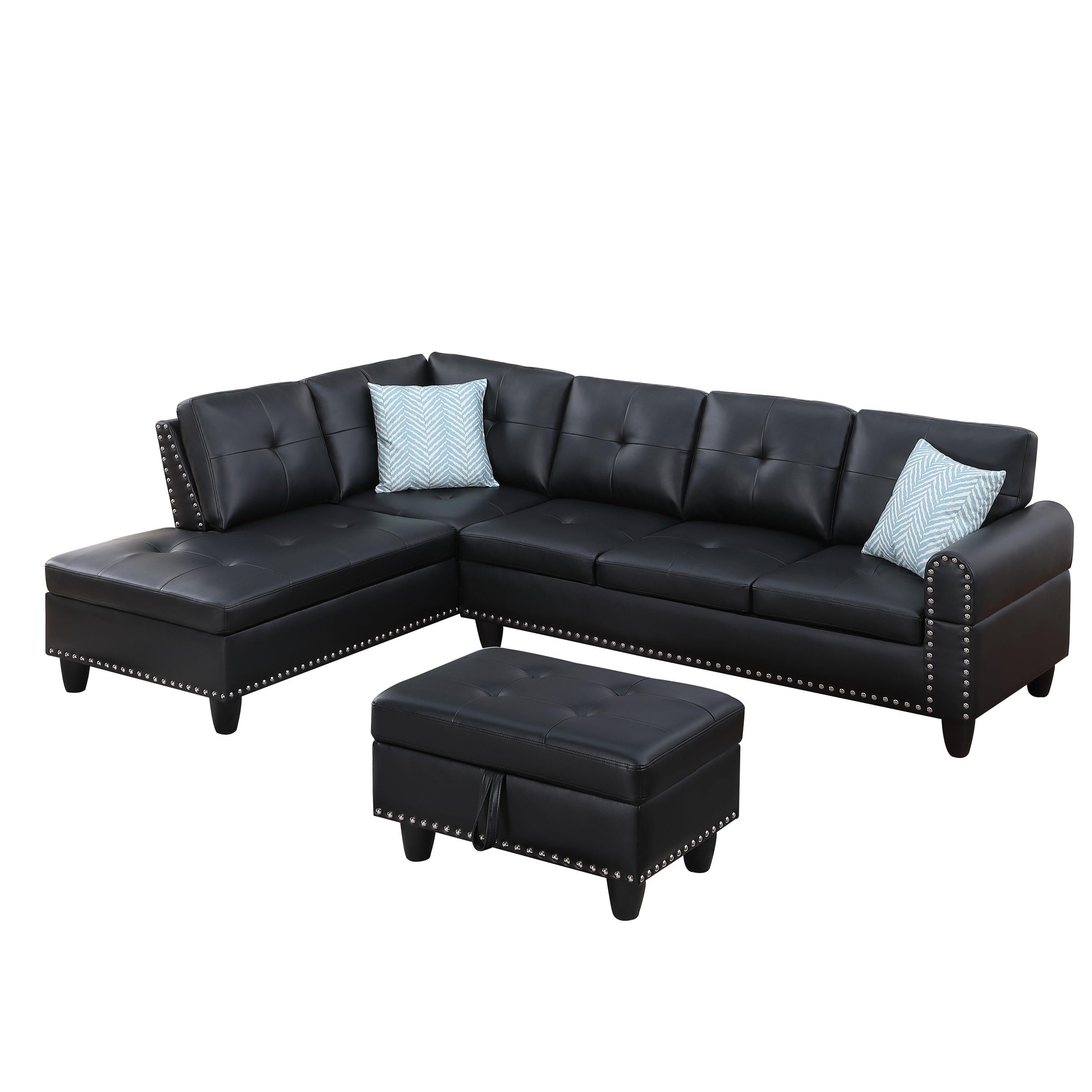 Irine Traditional Faux Leather Sectional Sofa with Ottoman and Storage in Black - Grand Goldman Shop