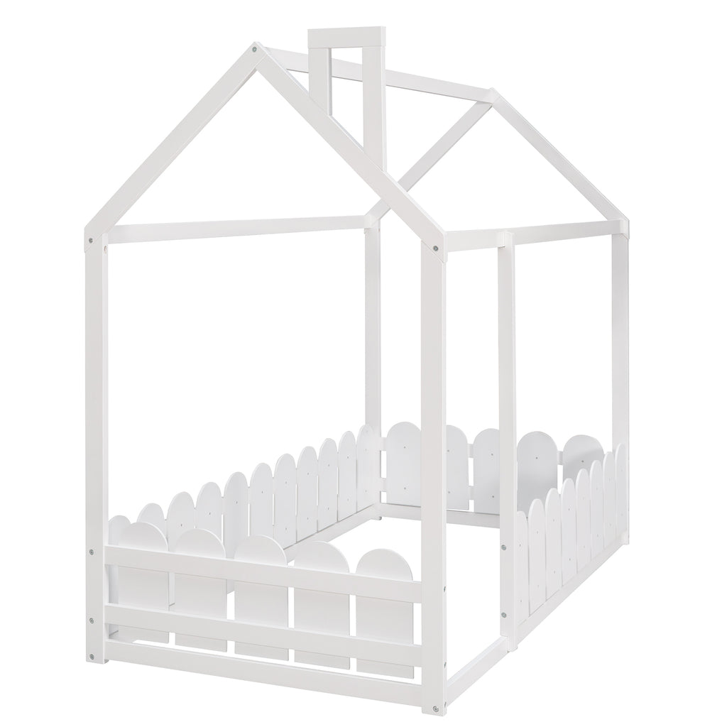 {Slats are not included}Twin Size Wood Bed House Bed Frame with Fence,for Kids,Teens, Girls,Boys {White}{OLD SKU:WF194274AAK} - Grand Goldman Shop