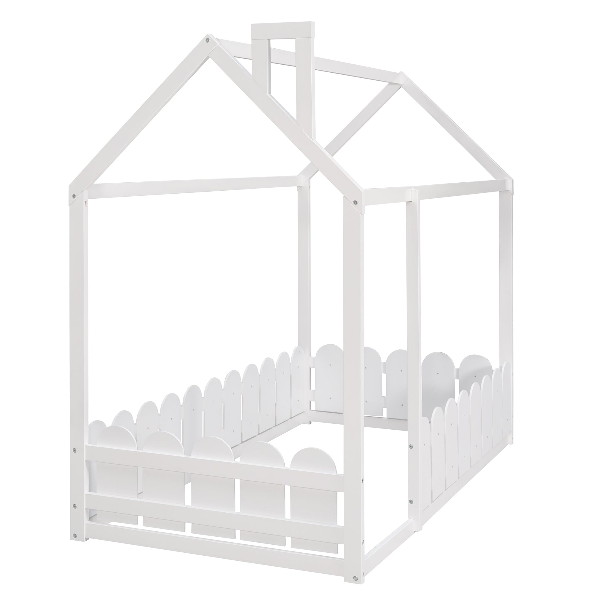 {Slats are not included}Twin Size Wood Bed House Bed Frame with Fence,for Kids,Teens, Girls,Boys {White}{OLD SKU:WF194274AAK} - Grand Goldman Shop