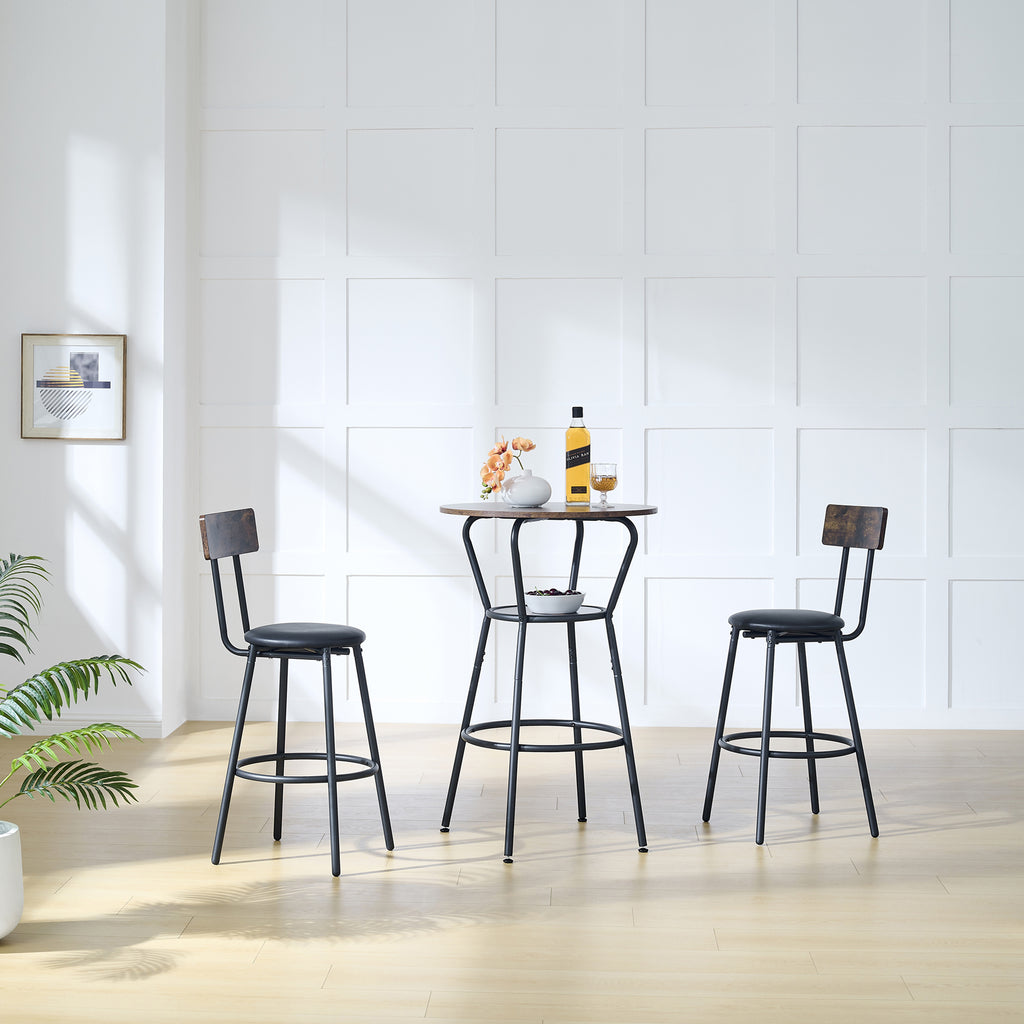 Rustic Brown Round Bar Table and Stool Set with Shelf, Upholstered Stool with Backrest, Metal & Wood, 24.17'W x 24.17'D x 36.02'H - Grand Goldman Shop