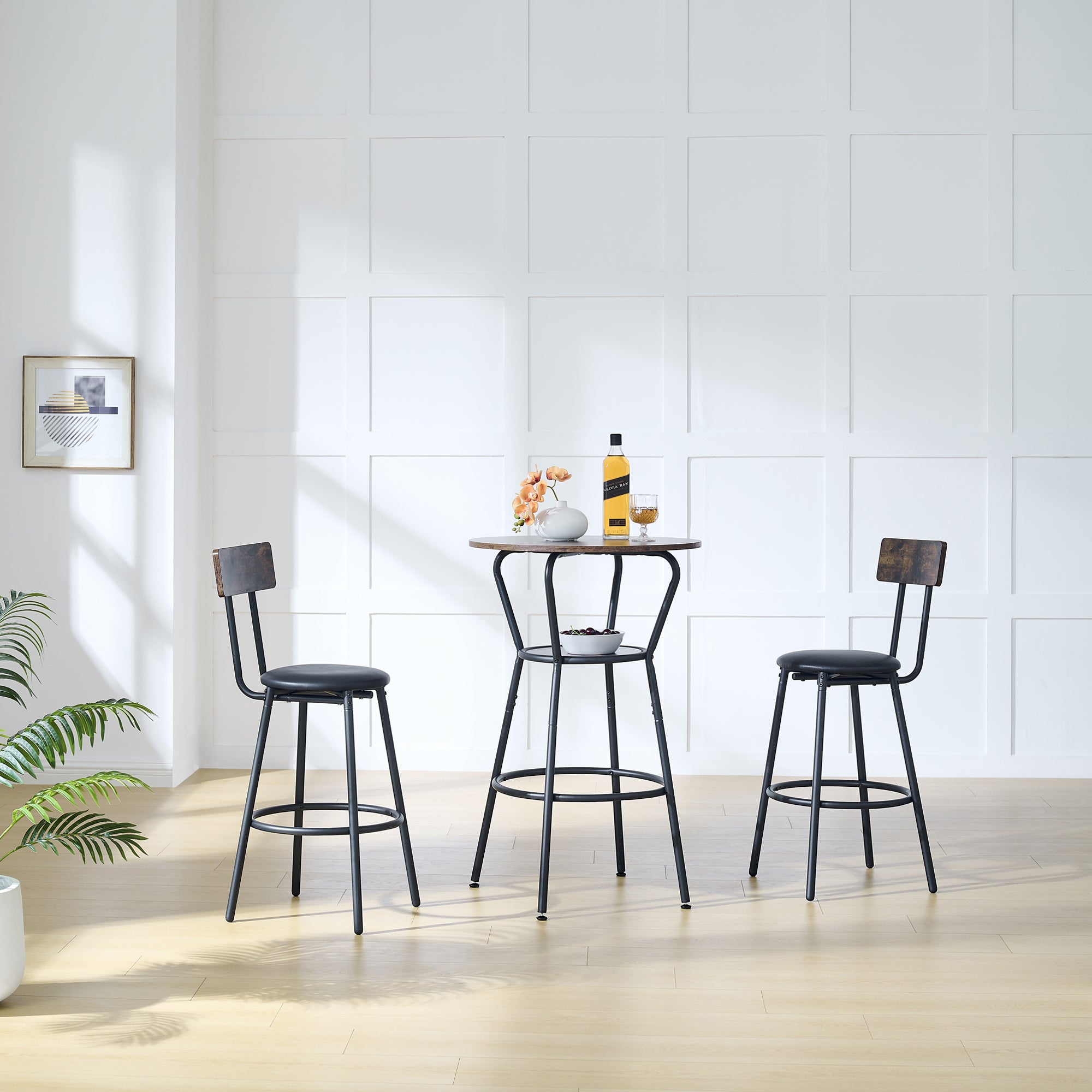 Rustic Brown Round Bar Table and Stool Set with Shelf, Upholstered Stool with Backrest, Metal & Wood, 24.17'W x 24.17'D x 36.02'H - Grand Goldman Shop