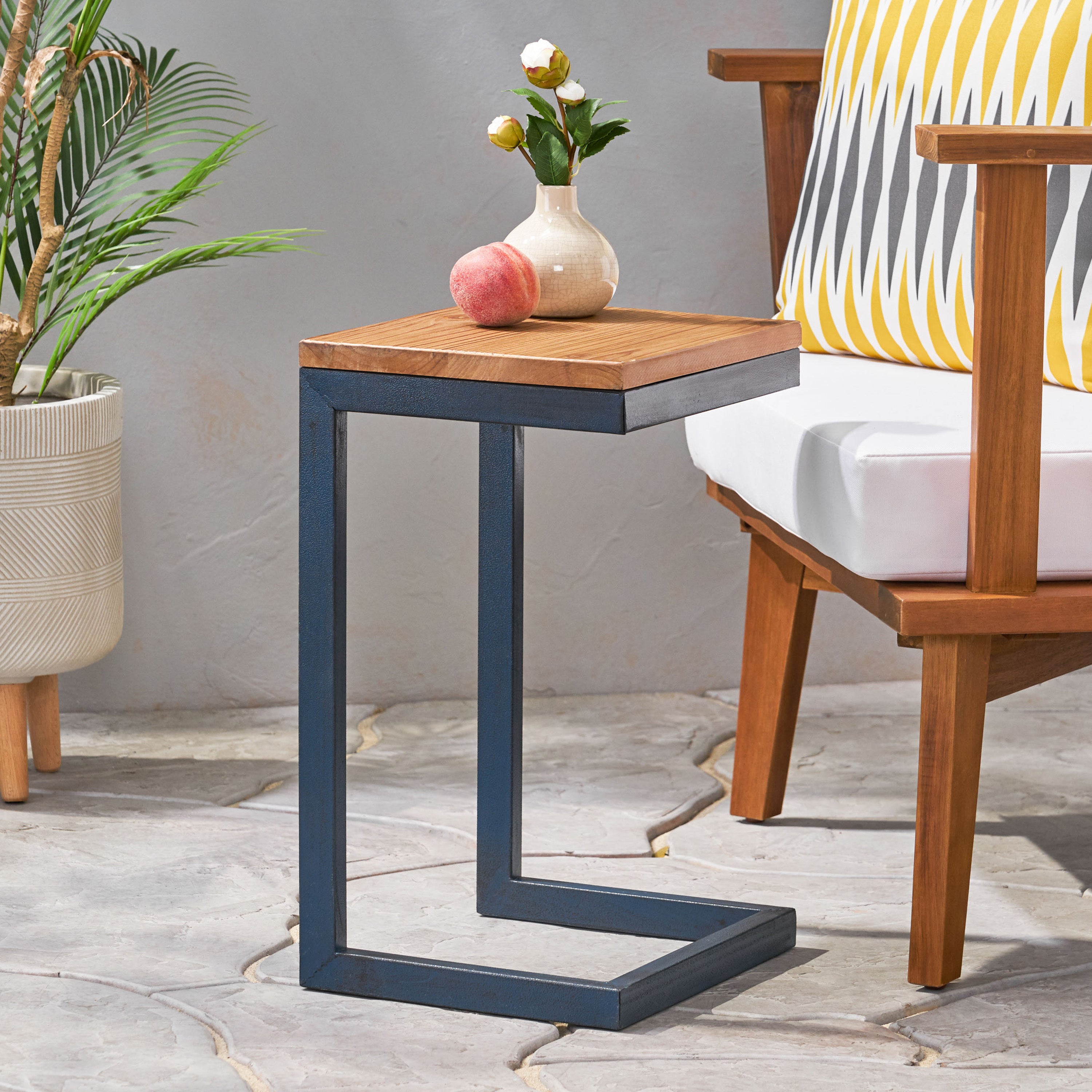 Small C-shaped End Table with Iron Base and Fir Wood Top, Black - Grand Goldman Shop