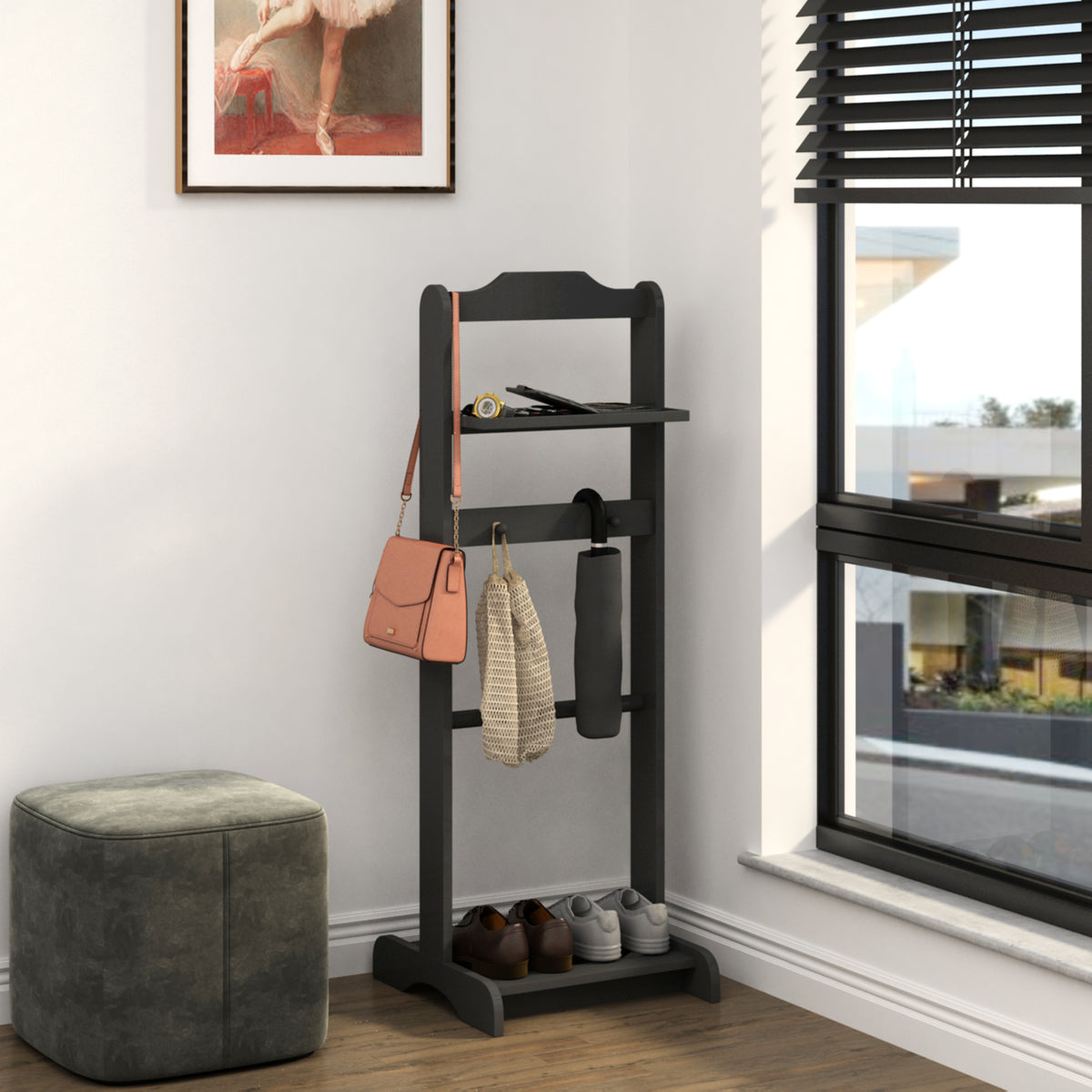 Accent Portable Garment Rack,Clothes Valet Stand with Storage Organizer,Black Finish - Grand Goldman Shop