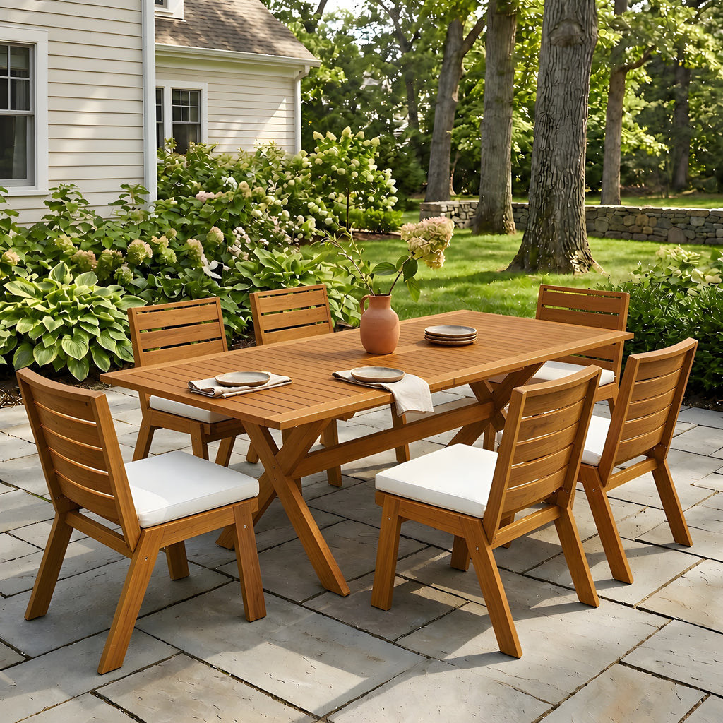 7-teiliges Garten-Essgruppe aus Akazienholz, moderne Essgruppe mit 6 Stühlen und 1 großem Tisch, Gartenmöbel-Set für Rasen, Hinterhof, Garten, Terrasse, Pool, Teakfarben