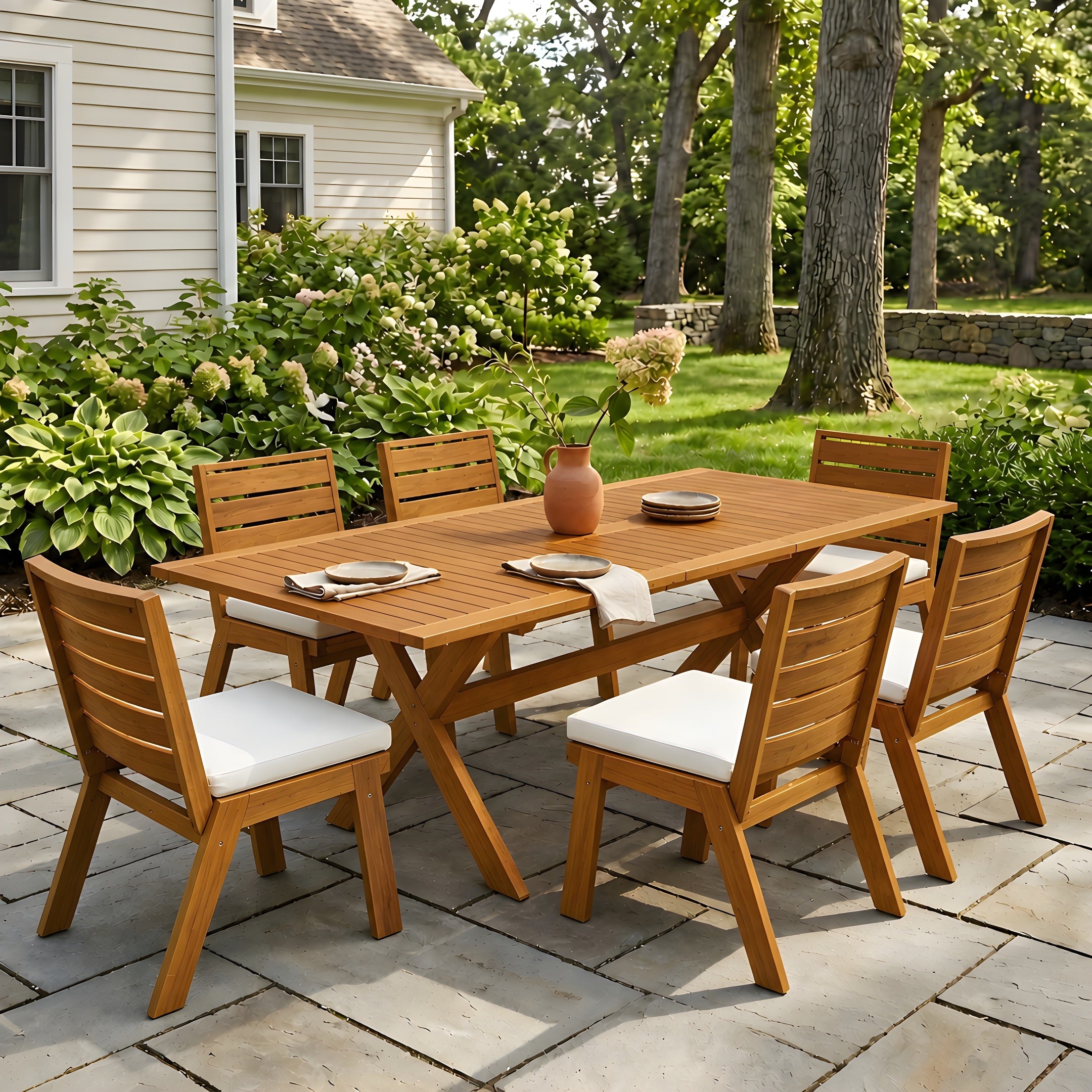 7-teiliges Garten-Essgruppe aus Akazienholz, moderne Essgruppe mit 6 Stühlen und 1 großem Tisch, Gartenmöbel-Set für Rasen, Hinterhof, Garten, Terrasse, Pool, Teakfarben
