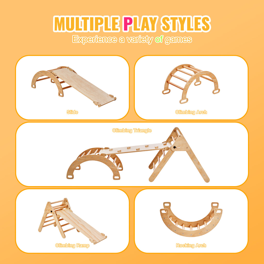 Pikler Triangle Set, 5 in 1 Toddler Climbing Toys Indoor Playground, Ramp, and Arch, Montessori Climbing Set with Triangle, M