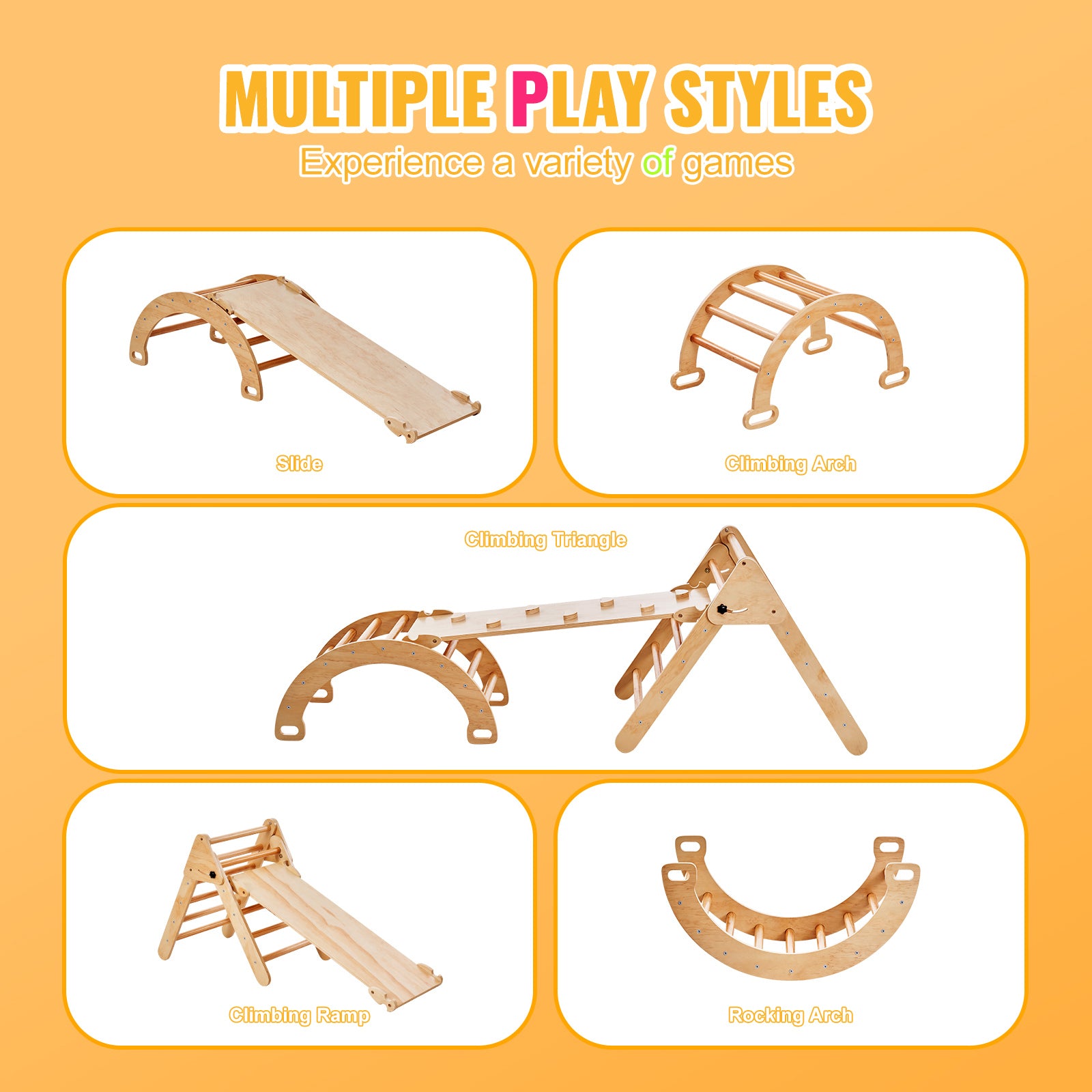 Pikler Triangle Set, 5 in 1 Toddler Climbing Toys Indoor Playground, Ramp, and Arch, Montessori Climbing Set with Triangle, M