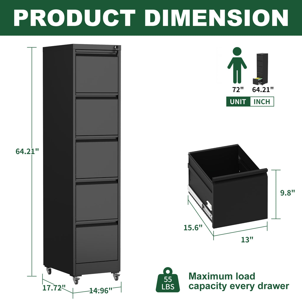 Heavy Duty Black Metal 5 Drawer Vertical File Cabinet with Lock and Wheels for Home Office - Grand Goldman