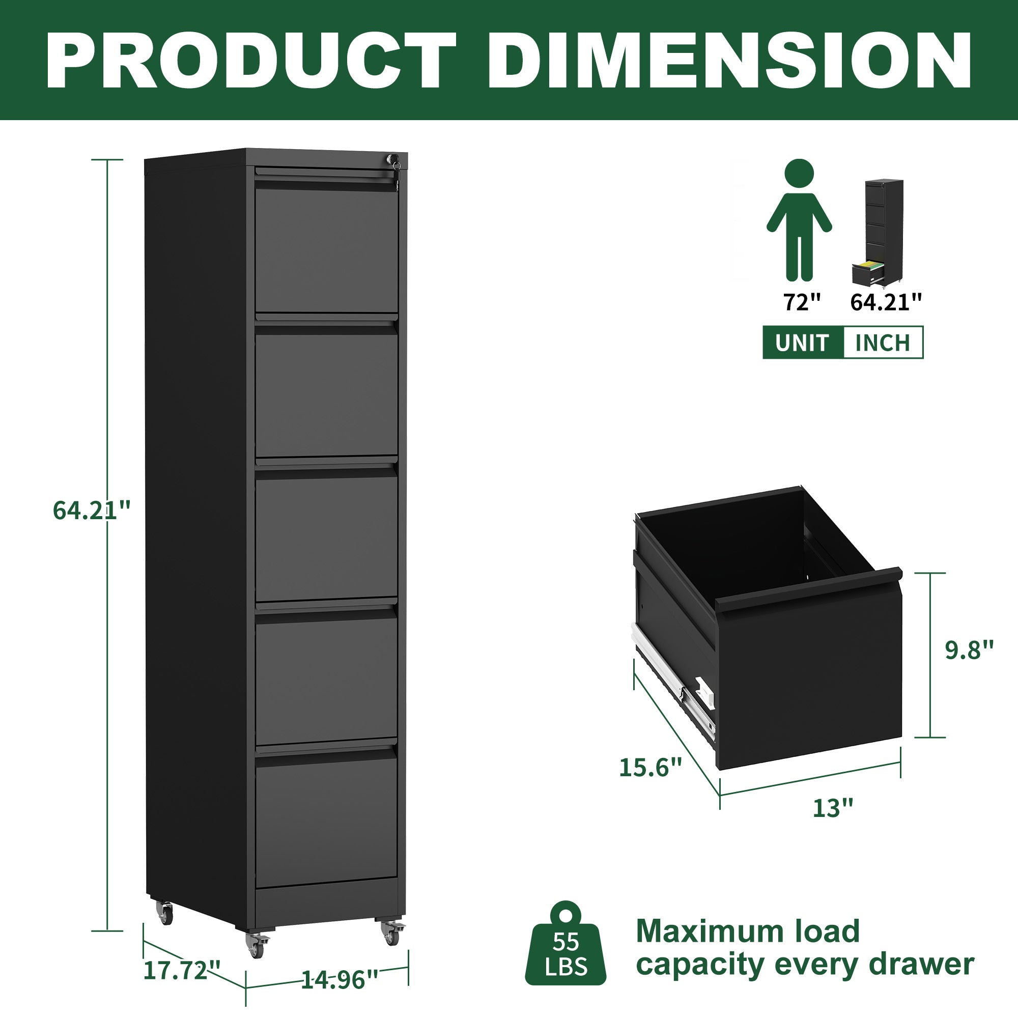 Heavy Duty Black Metal 5 Drawer Vertical File Cabinet with Lock and Wheels for Home Office - Grand Goldman