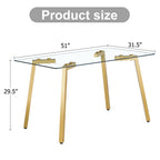Modern minimalist style rectangular glass dining table with tempered glass tabletop and golden metal legs, suitable for kitchen, dining room, and living room, 51 ' * 31.5 ' * 29.5 '   1123 - Grand Goldman Shop