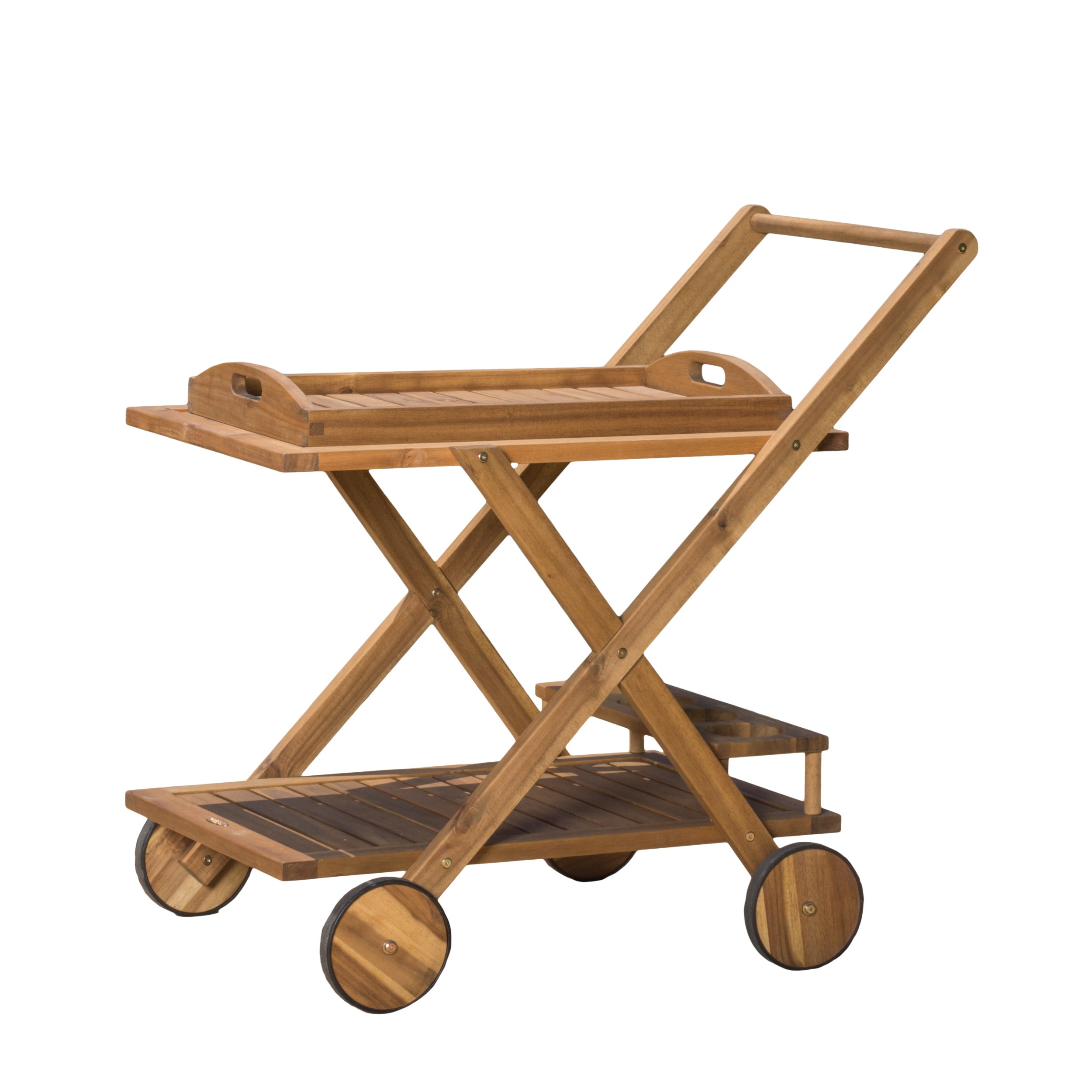 RIVIERA BAR CART Natural Stained Acacia Wood Mobile Bar Cart with Wheels for Entertaining - Grand Goldman Shop