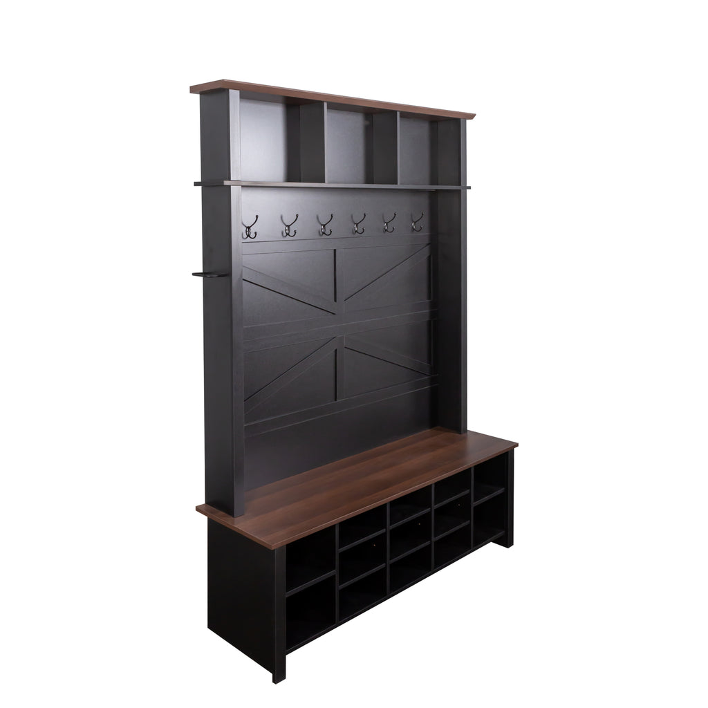 Farmhouse 4-in-1 Hall Tree with 6 Hooks, Practical Walnut Entryway Bench with Adjustable Shelves,  Wooden Shoe Organizer with 16 Compartments for Mudroom, Living Room, Black (OLD SKU: N721S000064B-1) - Grand Goldman Shop