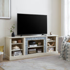 Large TV Desk Storage Rack with Faux Stacked Stone Surround,Media Console Table with Large Storage Cabinet,Modern TV Media Entertaionment Stand,WHITE, 70.12'W*15.35'D*25.83'H - Grand Goldman Shop