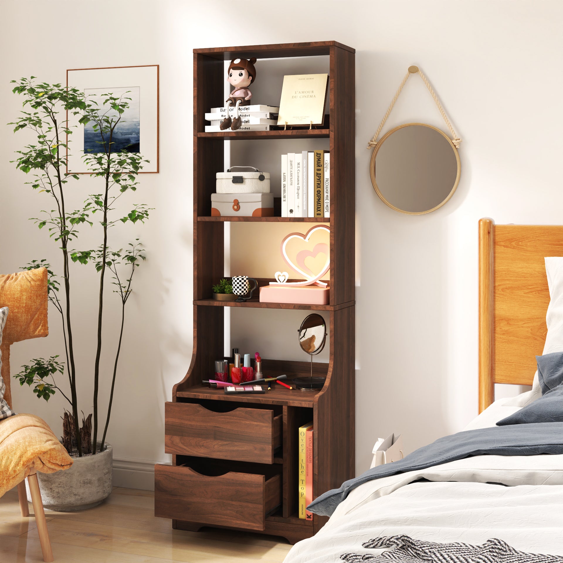 Night Stand with Bookshelf, Night Stand with 2 Storage Drawers for Bedroom - Grand Goldman Shop
