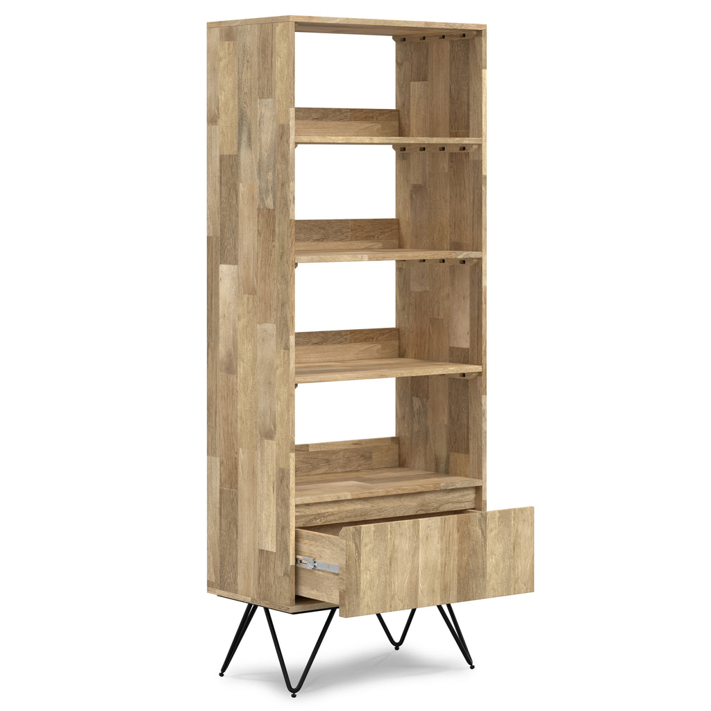 Hunter Tall Bookcase in Natural Finish with Black Metal Legs, Solid Mango Wood, 14D x 24W x 64H inches | Premium Home Decor -
