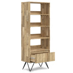 Hunter Tall Bookcase in Natural Finish with Black Metal Legs, Solid Mango Wood, 14D x 24W x 64H inches | Premium Home Decor -