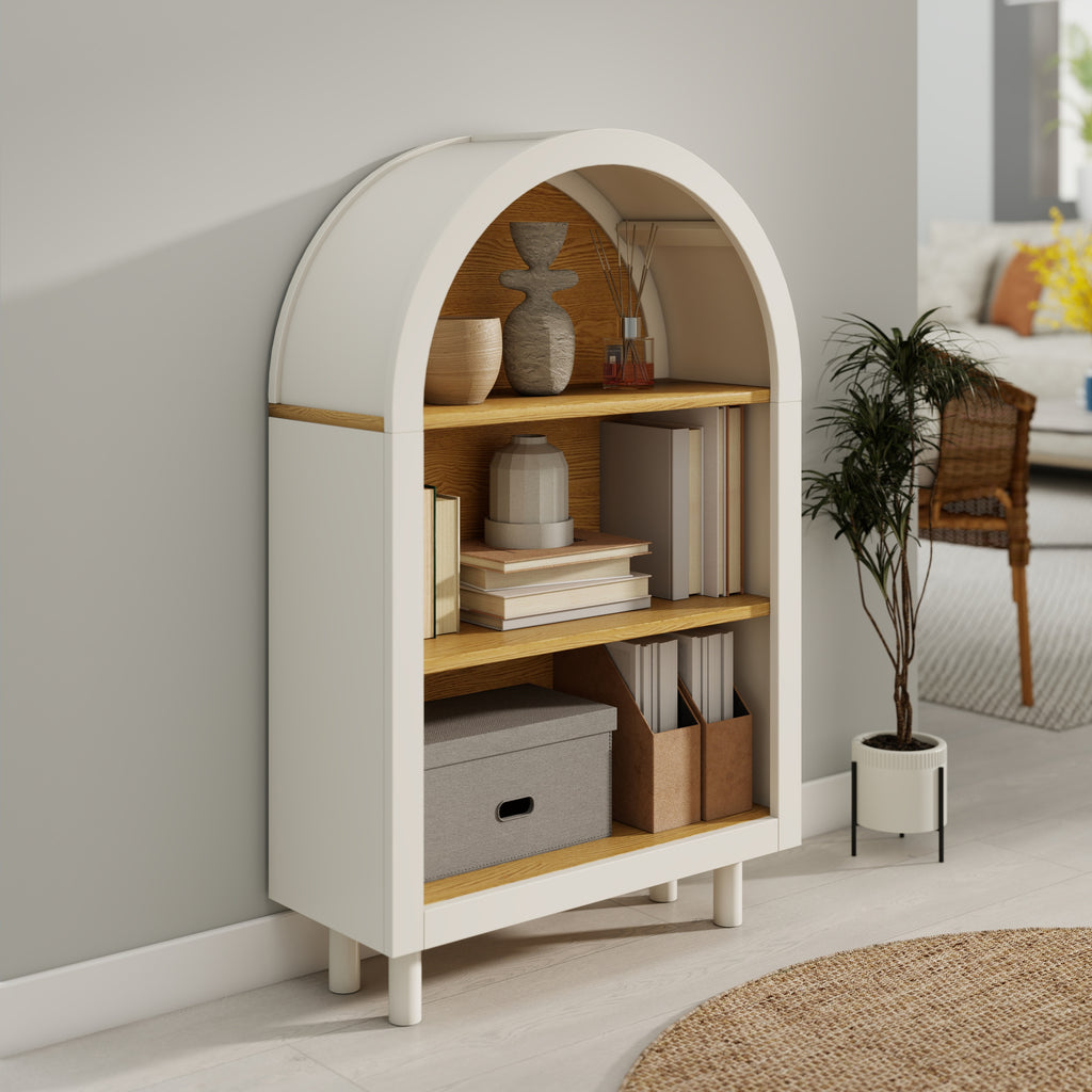 Arched Small Bookcase,Arched Storage Cabinet,Wooden Modern Arched Top Bookshelf with 3 Shelves,White with Woodgrain Shelves, 3-Tier Storage Shelf for Living Room, Bedroom, Entryway - Grand Goldman Shop