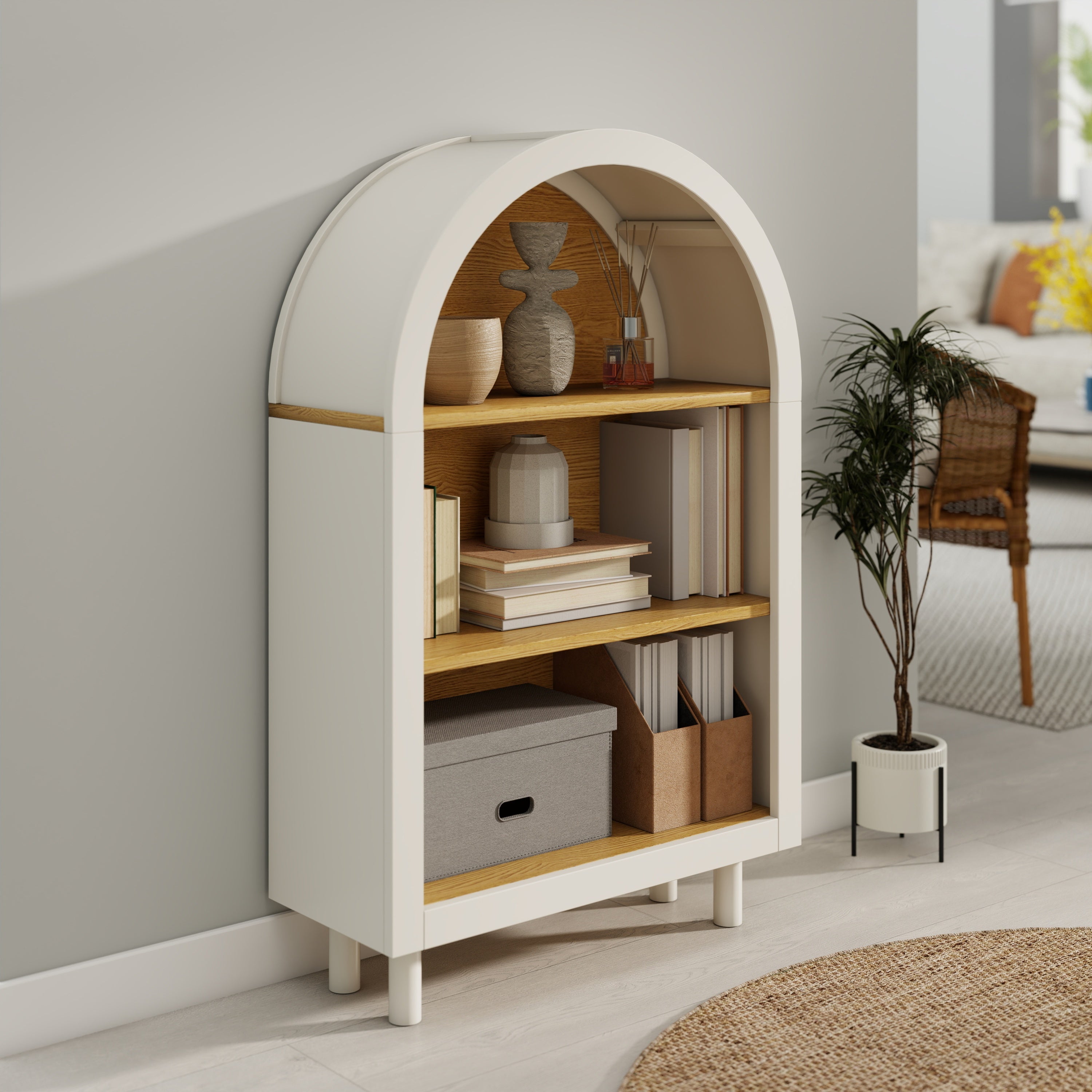 Arched Small Bookcase,Arched Storage Cabinet,Wooden Modern Arched Top Bookshelf with 3 Shelves,White with Woodgrain Shelves, 3-Tier Storage Shelf for Living Room, Bedroom, Entryway - Grand Goldman Shop