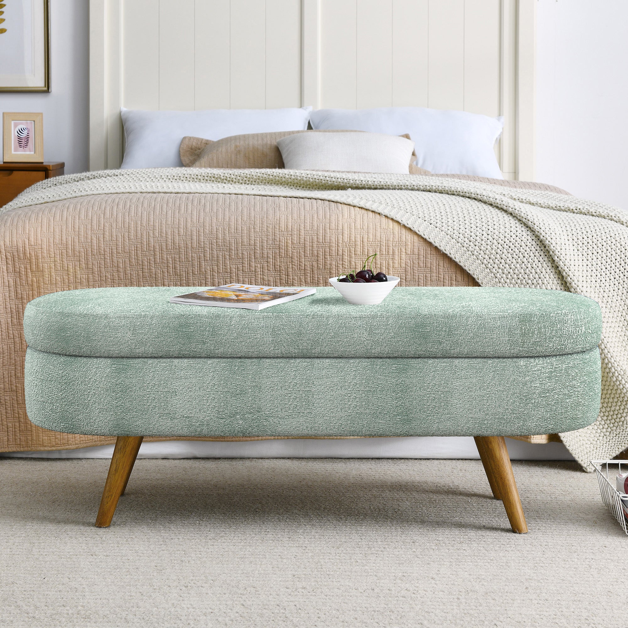 Cyan Ottoman Oval Storage Bench with Rubber Wood Legs, Gray Fabric, 43.5'x16'x16' - Grand Goldman Shop