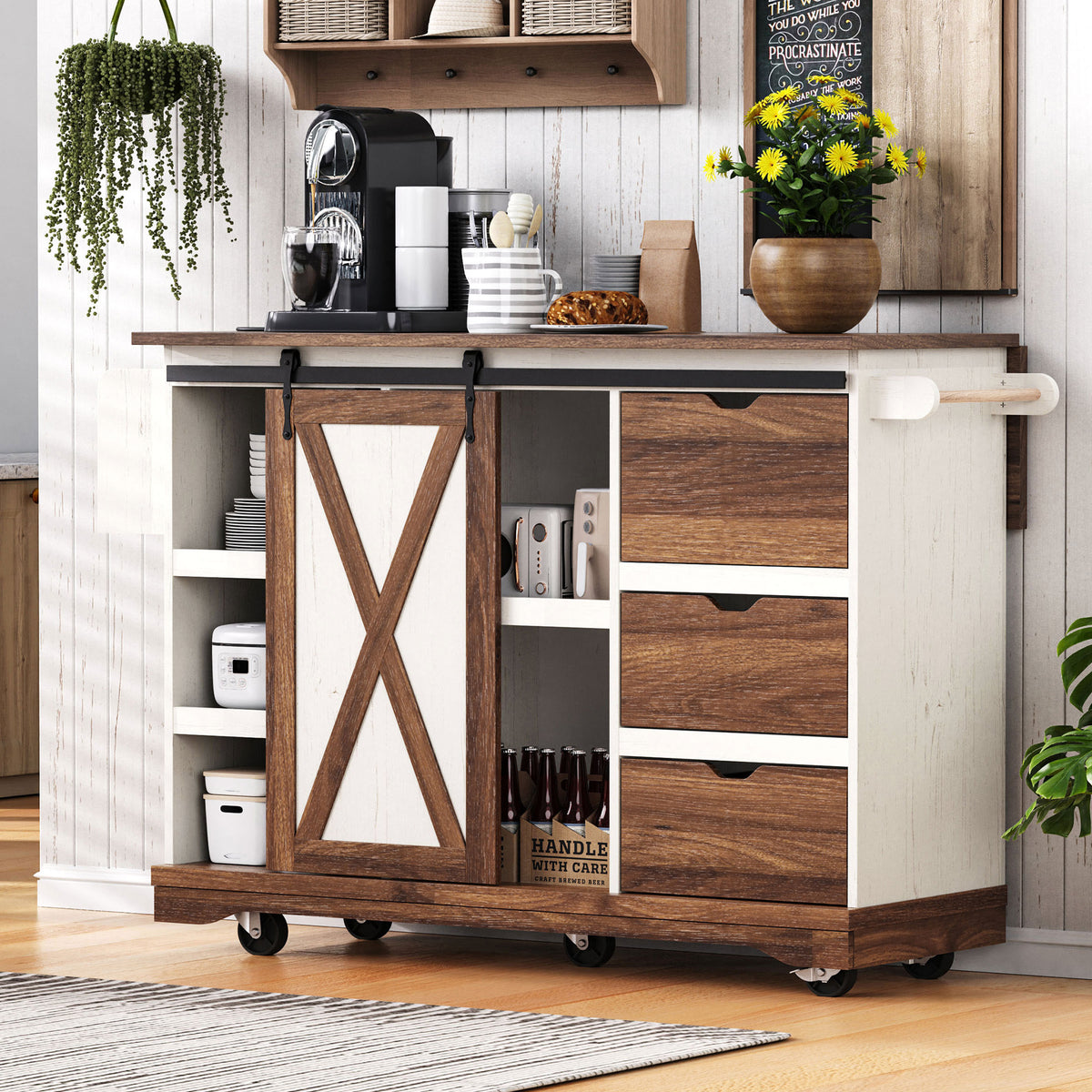 K&K 55.5' Farmhouse Kitchen Island with Drop Leaf, Kitchen Storage Island with Barn Door, Power Outlet, Rolling Kitchen Cart on Wheels with Spice Rack, for Home, Kitchen, Dining Room, White - Grand Goldman Shop