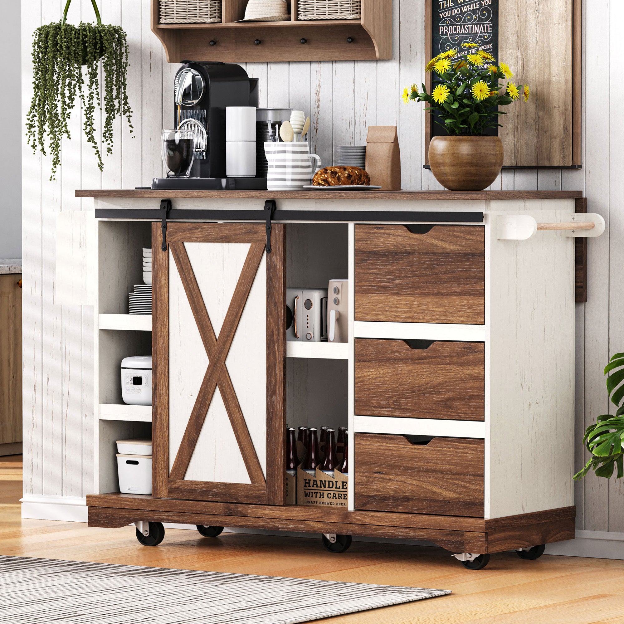 K&K 55.5' Farmhouse Kitchen Island with Drop Leaf, Kitchen Storage Island with Barn Door, Power Outlet, Rolling Kitchen Cart on Wheels with Spice Rack, for Home, Kitchen, Dining Room, White - Grand Goldman Shop