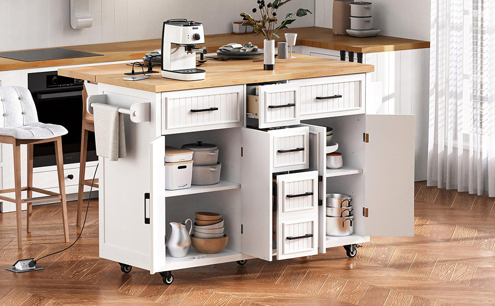 K&K 56.5'' Kitchen Island with Drop Leaf, Power Outlet, Embossed Vertical Stripe Rolling Kitchen Cart on Wheels with 4 Doors , 5 Deep Drawers and Adjustable Shelves, for Kitchen, Dining Room, White - Grand Goldman Shop