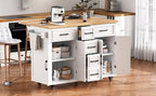 K&K 56.5'' Kitchen Island with Drop Leaf, Power Outlet, Embossed Vertical Stripe Rolling Kitchen Cart on Wheels with 4 Doors , 5 Deep Drawers and Adjustable Shelves, for Kitchen, Dining Room, White - Grand Goldman Shop