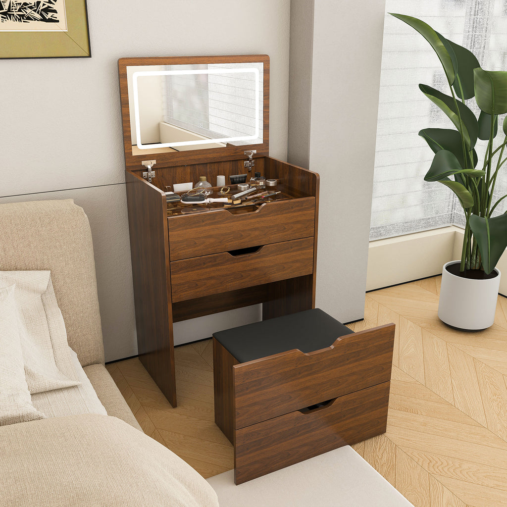 3-in-1 Vanity Desk with Lighted Mirror & Stool, Flip Top Makeup Dressing Table in Walnut Finish, Compact Storage for Bedroom, Bathroom, Dressing Room, 23.62'L - Grand Goldman Shop