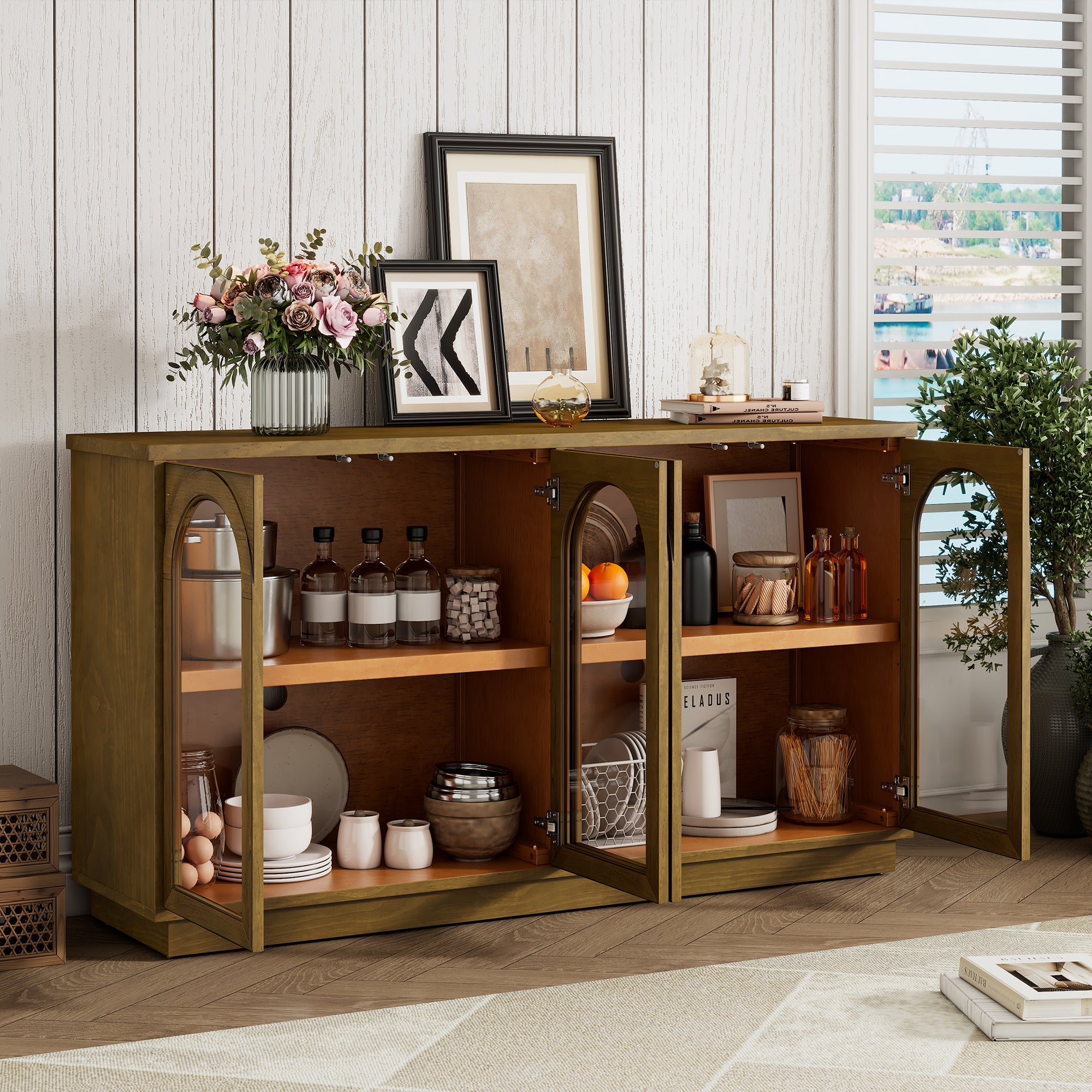 TREXM 4-Door Large Storage Buffet Cabinet with Glass Doors, Arched Cabinet with Adjustable Shelves for Kitchen, Dining Room and Living Room (Old Pine) - Grand Goldman Shop