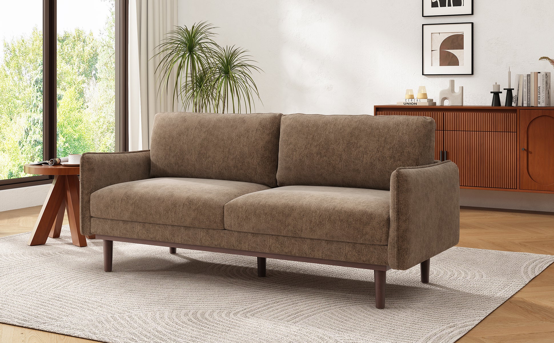 Modern Style Loveseat Sofa 75.75' with Spacious Seating, Brown Chenille Upholstery, Rubber Wood Legs, 2-Seater Couch - Grand Goldman Shop
