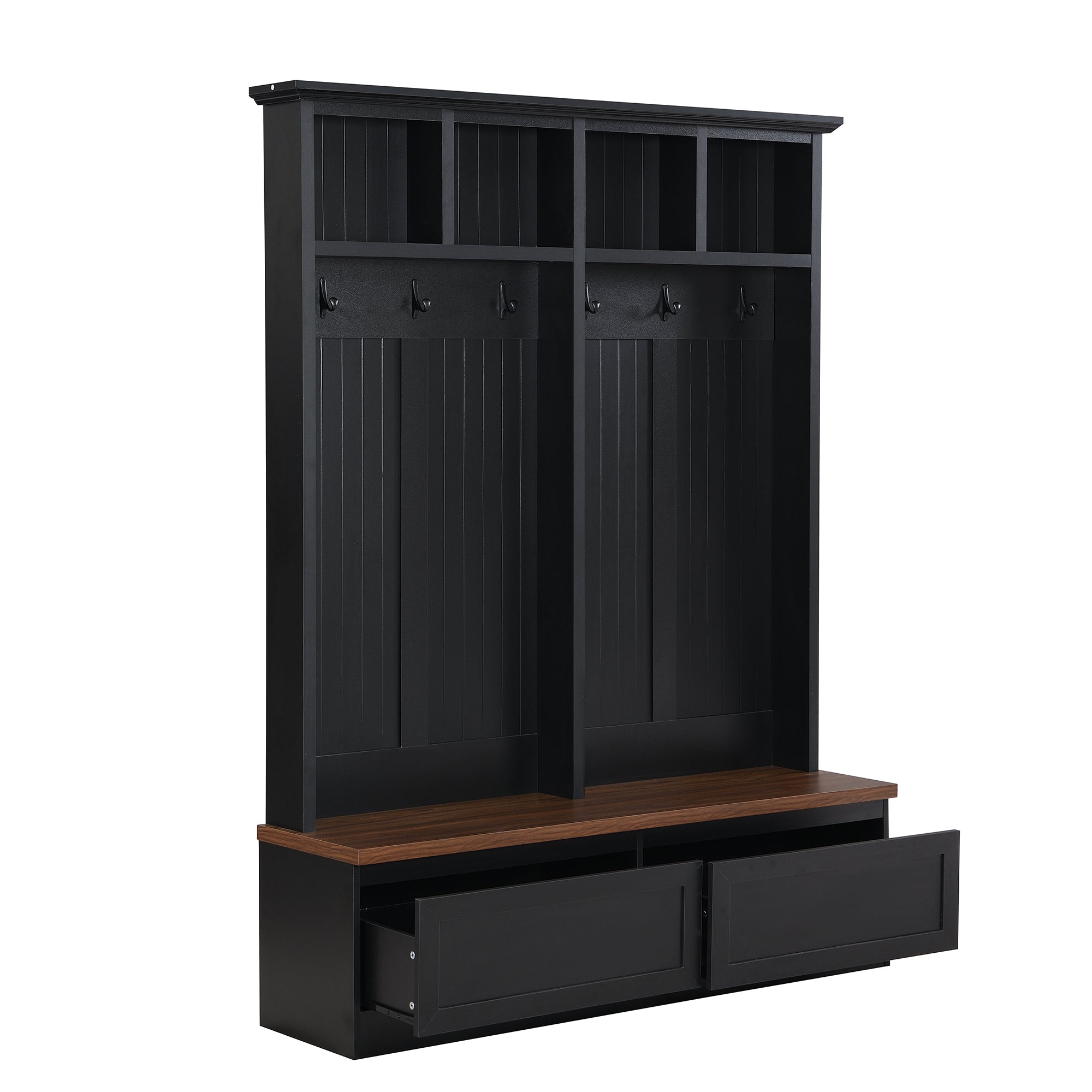 Farmhouse 4-in-1 Hall Tree with Wood Grain Bench, Mudroom Versatile Coat Rack with 2 Large Drawer, Entrance Organizer for Hallway, Living Room, Black, 55.9'W (OLD SKU: N721P313099B) - Grand Goldman Shop