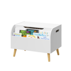 Wooden Toy Box with Front Bookshelf, Flip-Top Lid, Safety Hinge for Kids Room Organization in White, Solid Wood & MDF Constru