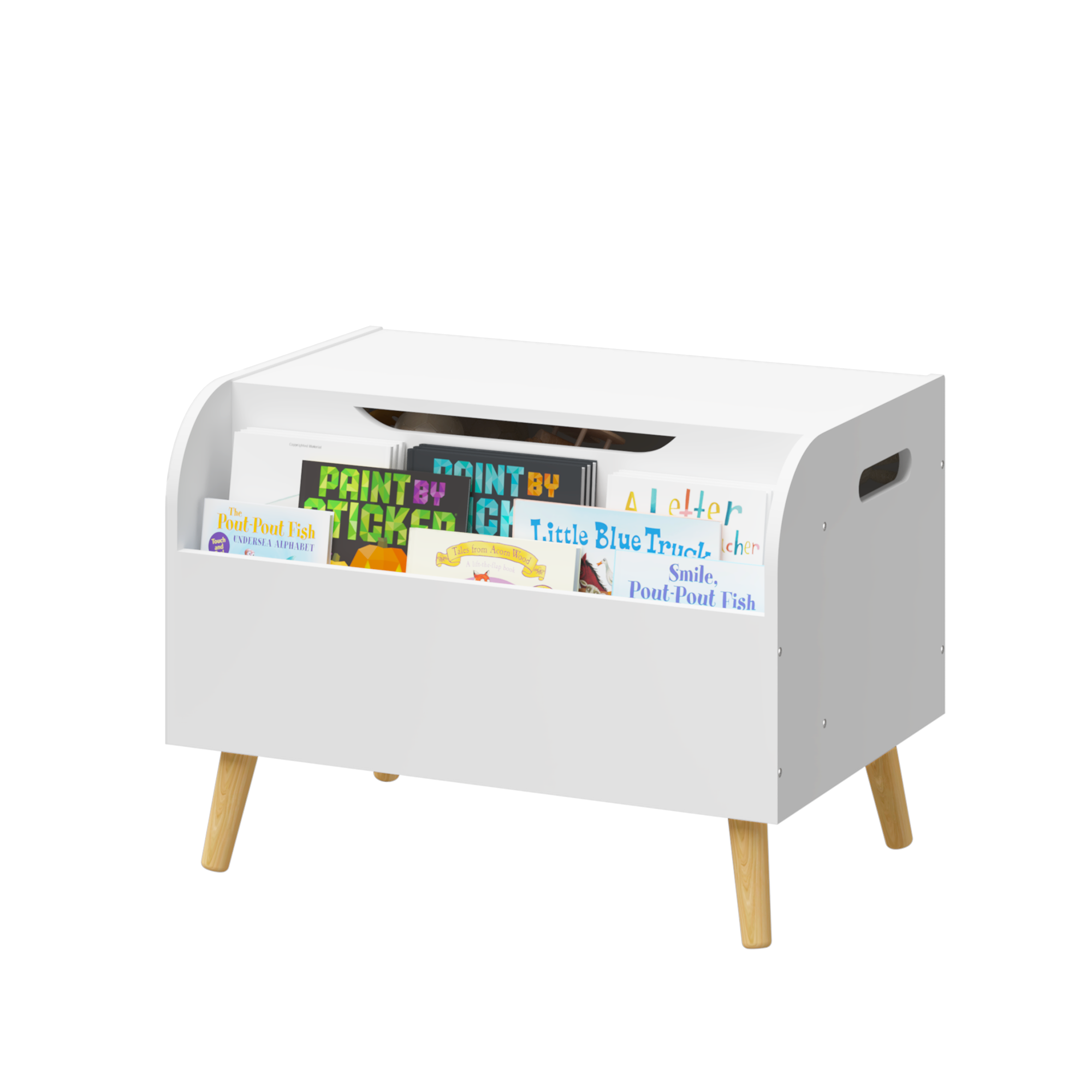 Wooden Toy Box with Front Bookshelf, Flip-Top Lid, Safety Hinge for Kids Room Organization in White, Solid Wood & MDF Constru
