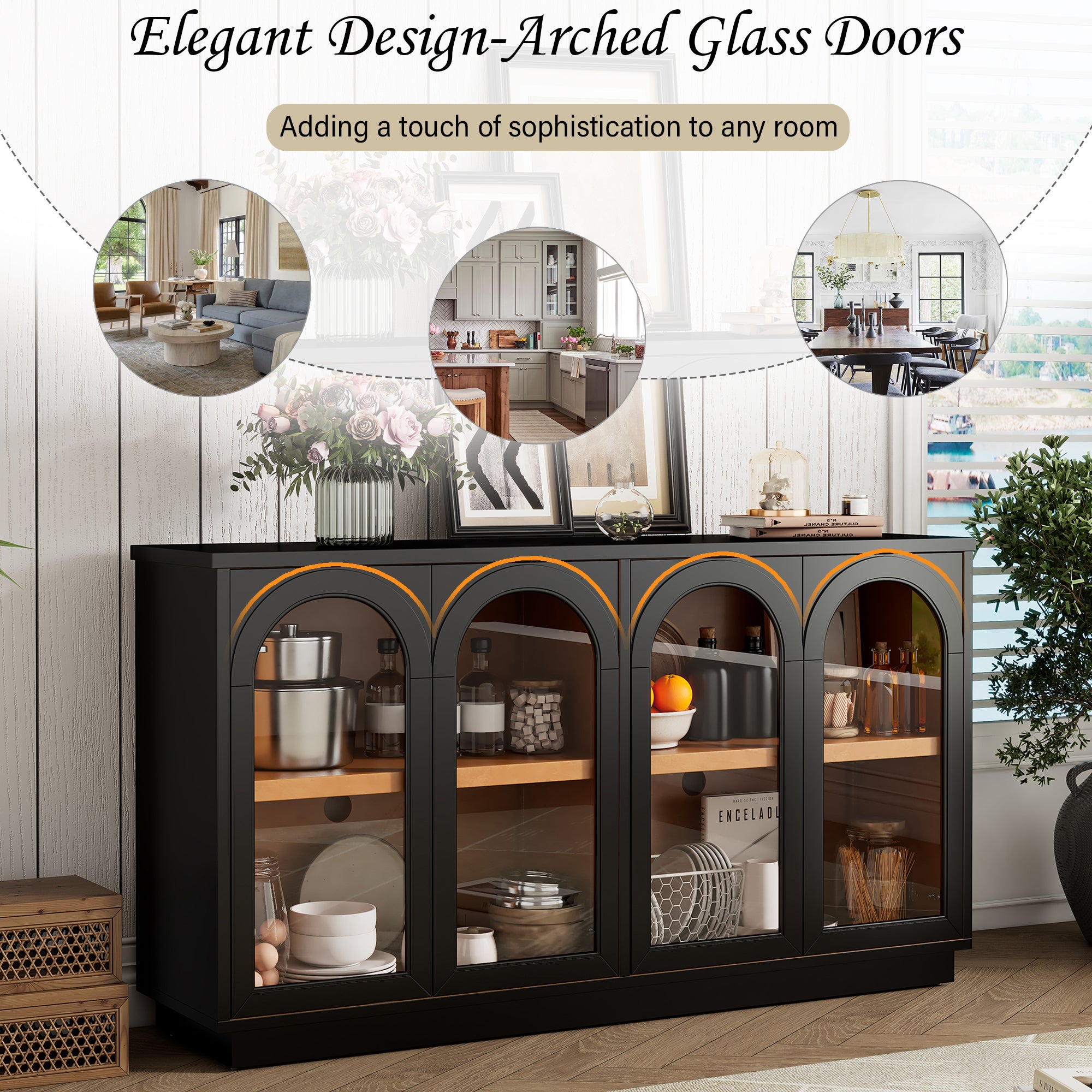 TREXM 4-Door Large Storage Buffet Cabinet with Glass Doors, Arched Cabinet with Adjustable Shelves for Kitchen, Dining Room and Living Room (Black) - Grand Goldman Shop