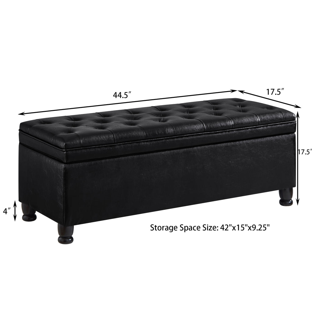 Upholstered tufted button storage bench ,Faux leather entry bench with spindle wooden legs, Bed bench- Black - Grand Goldman Shop