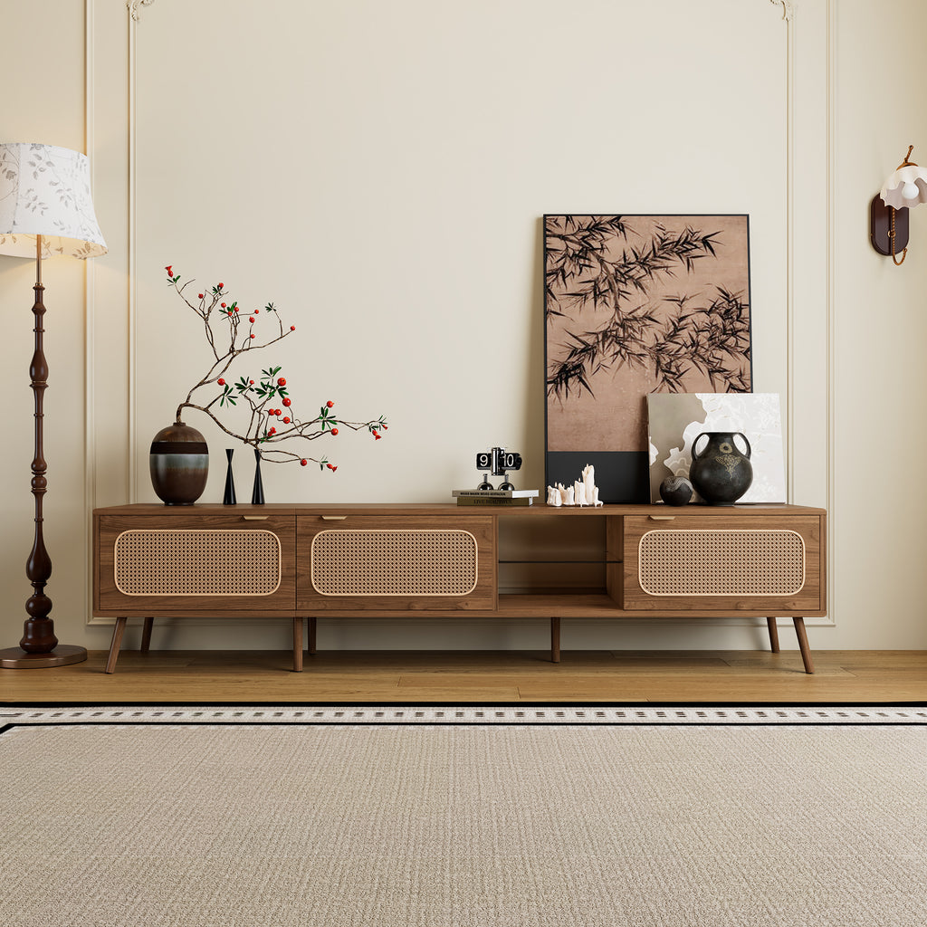 78' TV Stand for 75/80/85 inch TV with Walnut Finish, Ample Storage and Open Shelving in Solid Wood and Glass - Grand Goldman Shop