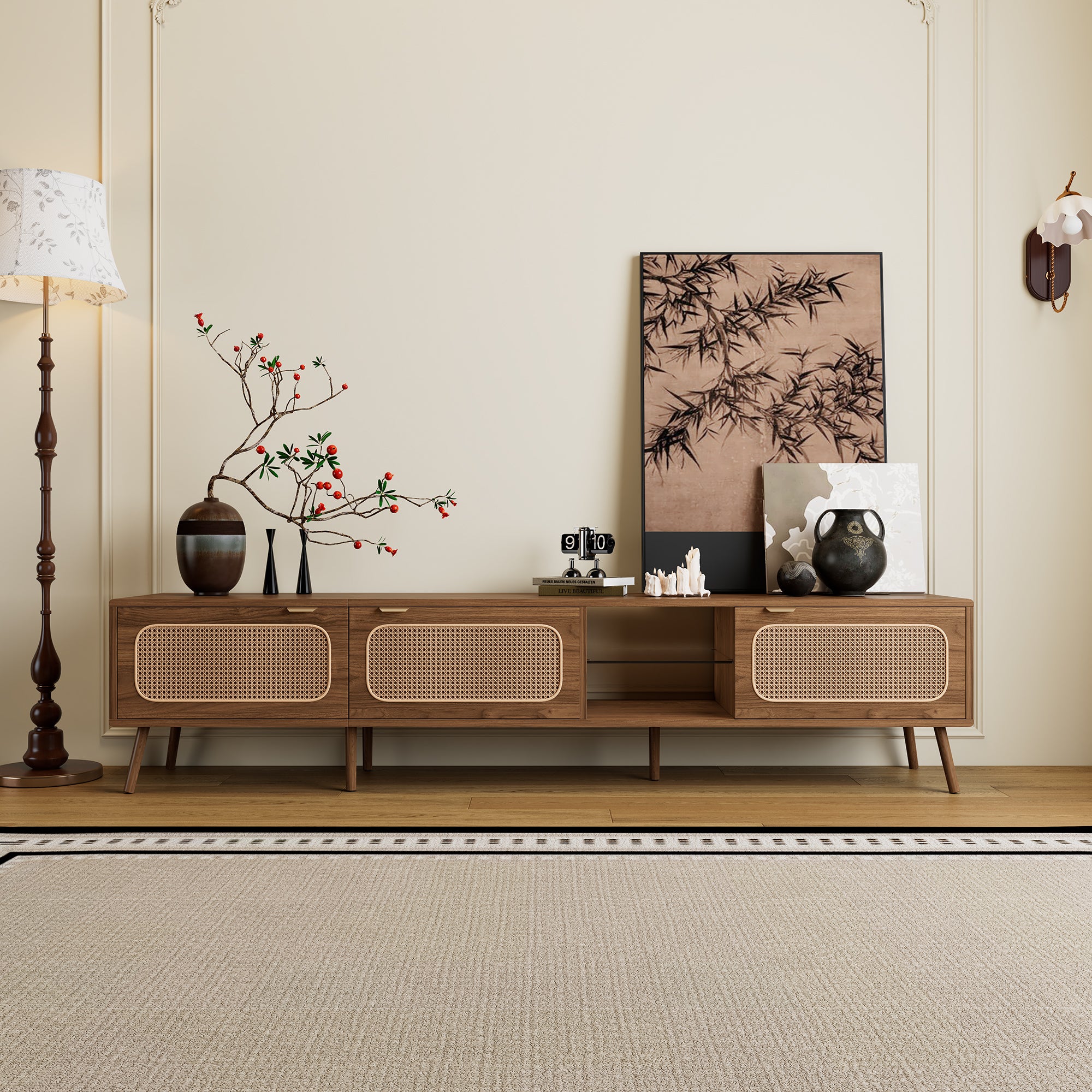78' TV Stand for 75/80/85 inch TV with Walnut Finish, Ample Storage and Open Shelving in Solid Wood and Glass - Grand Goldman Shop