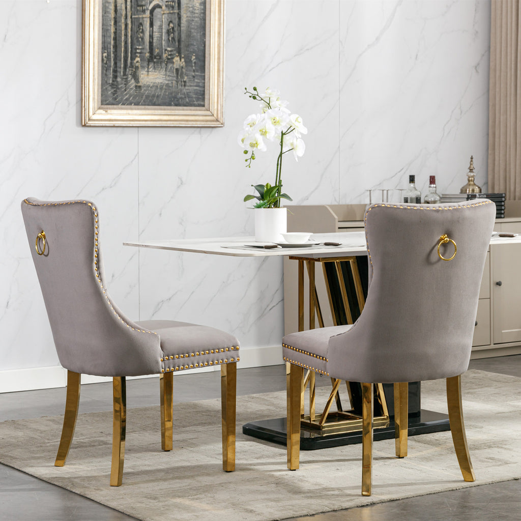 Nikki Collection Modern, High-end Tufted Solid Wood Contemporary Velvet Upholstered Dining Chair with Golden Stainless Steel Plating Legs,Nailhead Trim,Set of 2,Gray and Gold, SW1601GY - Grand Goldman Shop