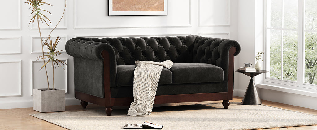 VIVALUX Chesterfield Velvet Loveseat Sofa, 2-Person Rolled Arm Upholstered Couch, Black, Pine Wood Frame, 59.44' - Grand Goldman Shop