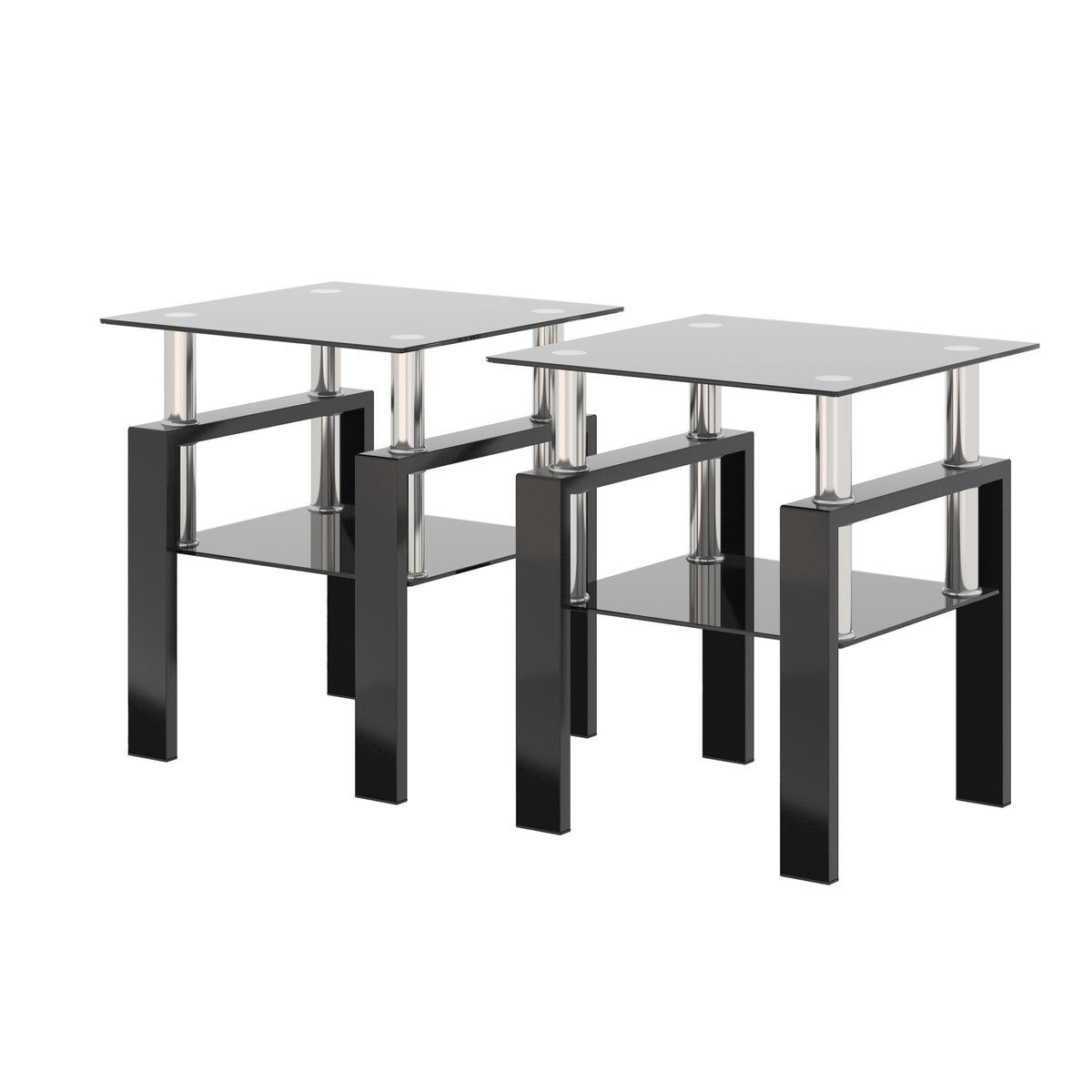 Modern Tempered Glass Tea Table Coffee Table End Table Set in Black with Metal Legs, 17.72 x 17.72 x 20.5 Inches - Grand Goldman Shop