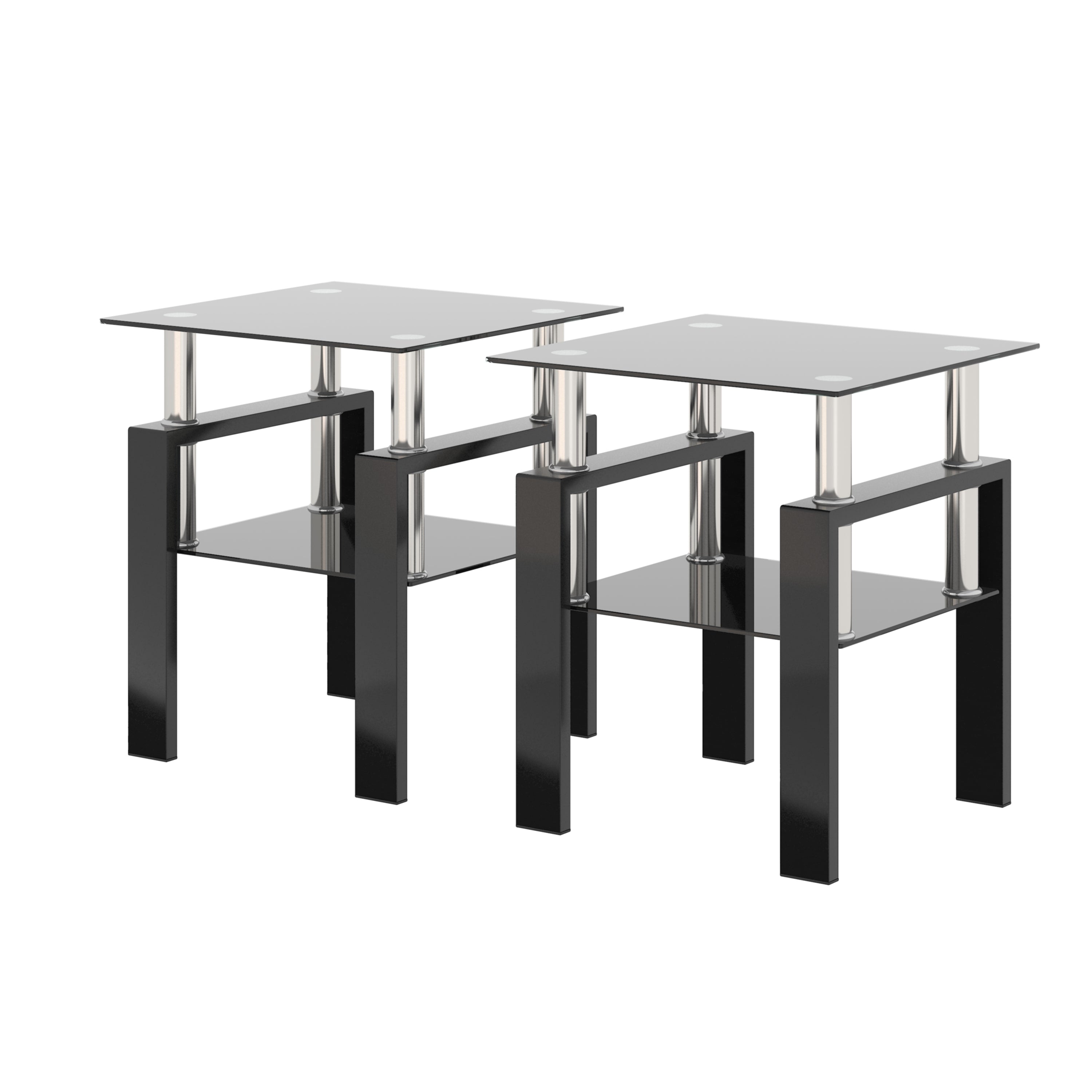 Modern Tempered Glass Tea Table Coffee Table End Table Set in Black with Metal Legs, 17.72 x 17.72 x 20.5 Inches - Grand Goldman Shop